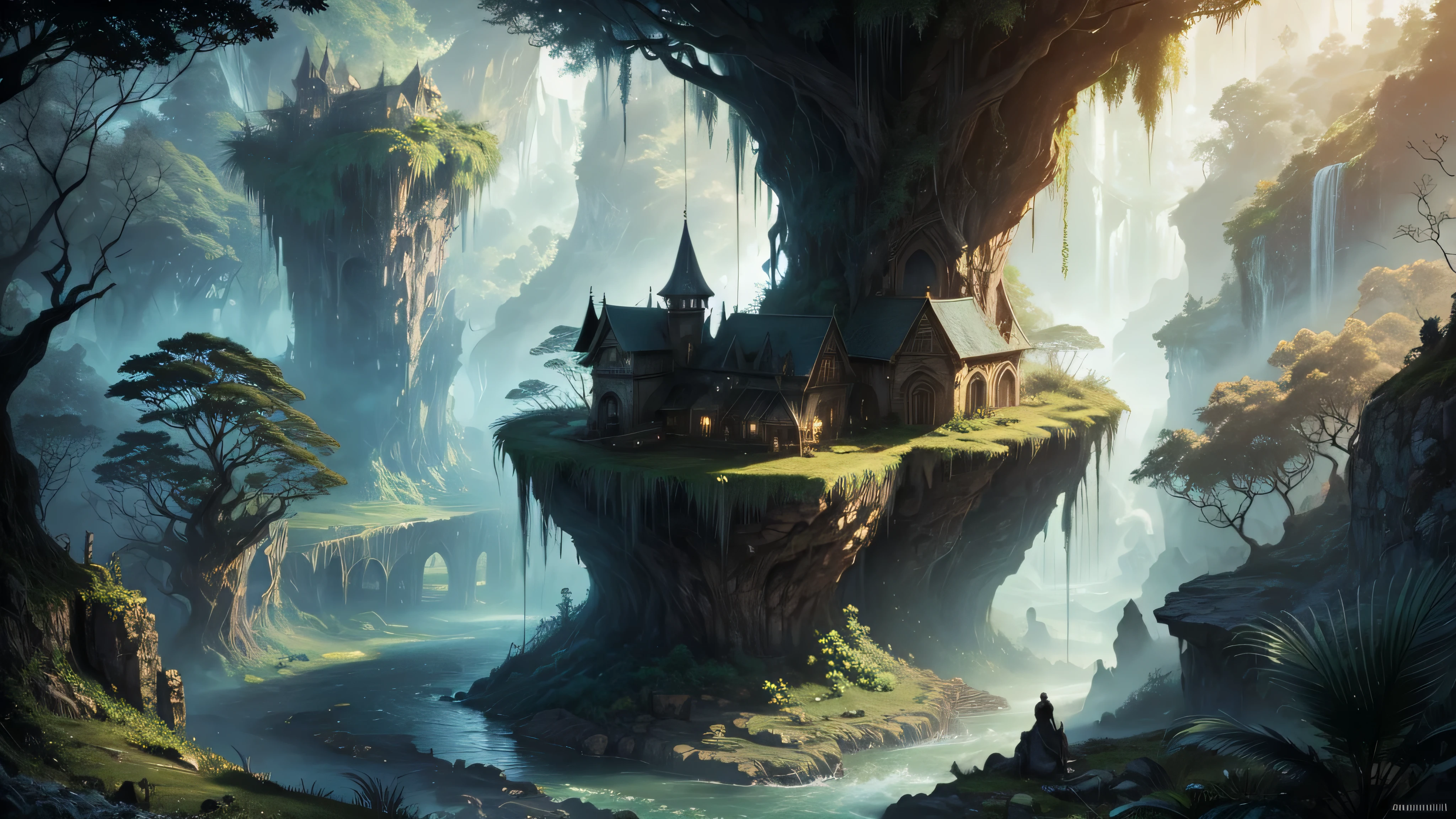 There is a waterfall in the middle of a tropical jungle, bela fantasia detalhada, fantasia altamente detalhada, fantasy scenic, arte digital de fantasia detalhada, Arte digital de fantasia 2D, arte digital detalhada de fantasia 2D, impressive paisagem de fantasia, fantasy pictorial style, arte estilo fantasia, medieval paisagem de fantasia, paisagem de fantasia, realistic fantasy illustration, Arte de fantasia 4k, cidade de fantasia