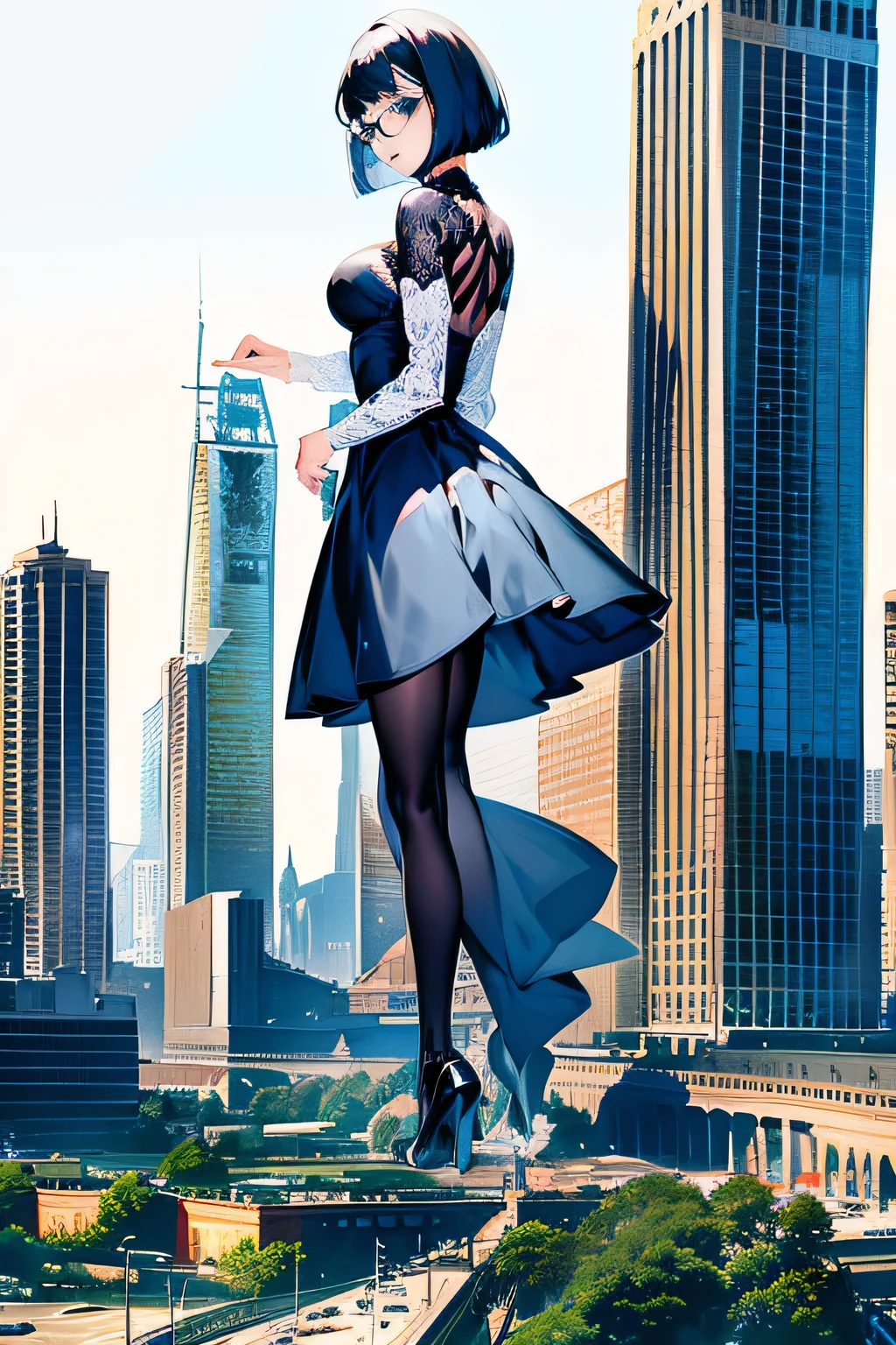 Giantの芸術, 非常に詳細なGiantショット, Giant, short hair, black pantyhose, A giant princess much bigger than a skyscraper, wearing rimless glasses, big breasts, big ass, White luxury dress, white pantyhose, white high heels, very small metropolis, miniature metropolis, full body description, ＧＴＳ, ギガGiant, Stomping City, crash city, Small town, micro city, High resolution, highest quality, masterpiece,  