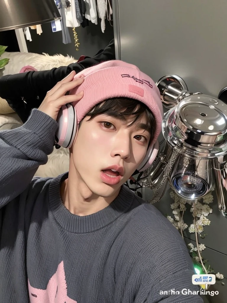 Arafed man with pink hat and headphones in a room, kim doyoung, pintar ulzzang, pale korean adorable face, hong junio hyung, con auriculares, Jinyoung Shin, yanjun chengt, ulzzang, hyung tae, ruan lindo vtuber, Jung Jaehyun, hombre surcoreano, cai xukun, parque jimin