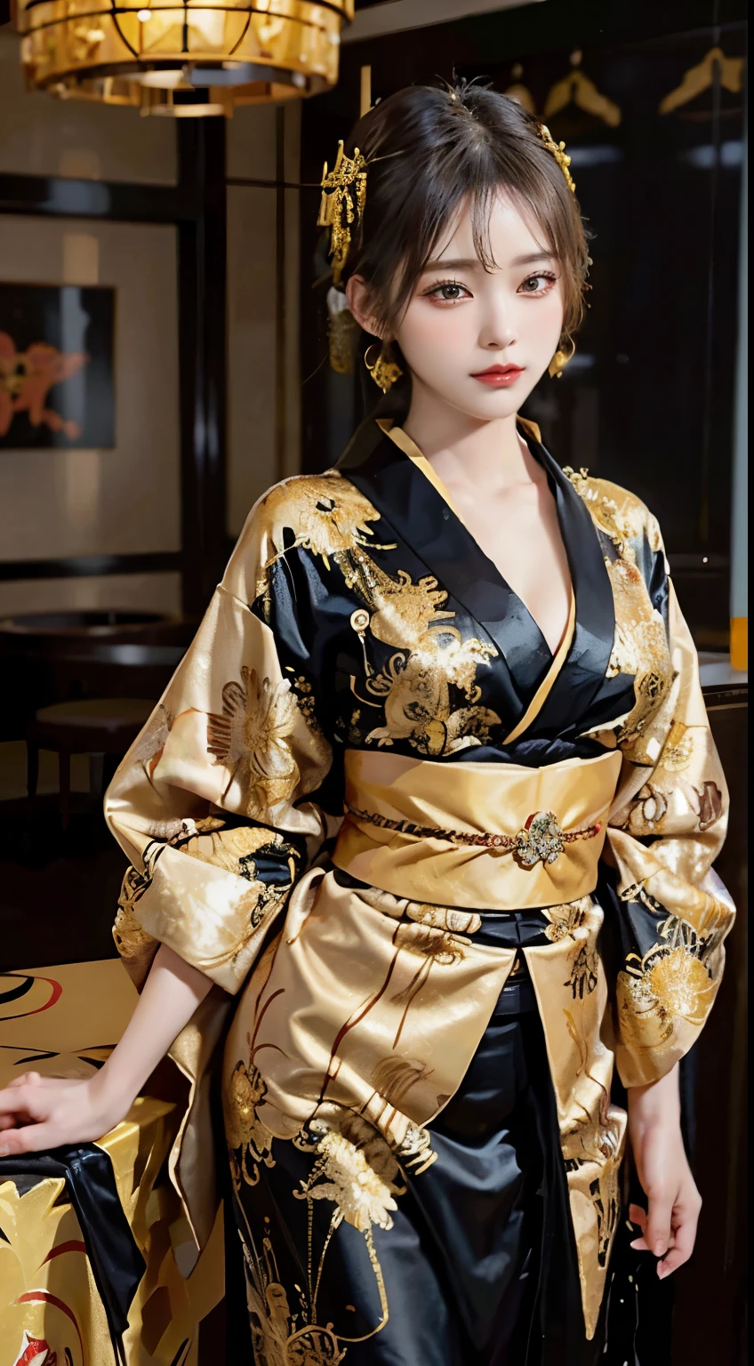 Within an opulent setting, a woman commands attention in the lavish beauty of a black and gold kimono. The rich black fabric, adorned with intricate golden patterns, drapes her figure with regal elegance. The obi, a resplendent band of gold, cinches her waist, adding a touch of grandeur to the traditional ensemble. In this fully-covered attire, she emanates an air of opulence, capturing the enduring beauty of a woman in a sumptuous black and gold kimono amidst the luxurious surroundings