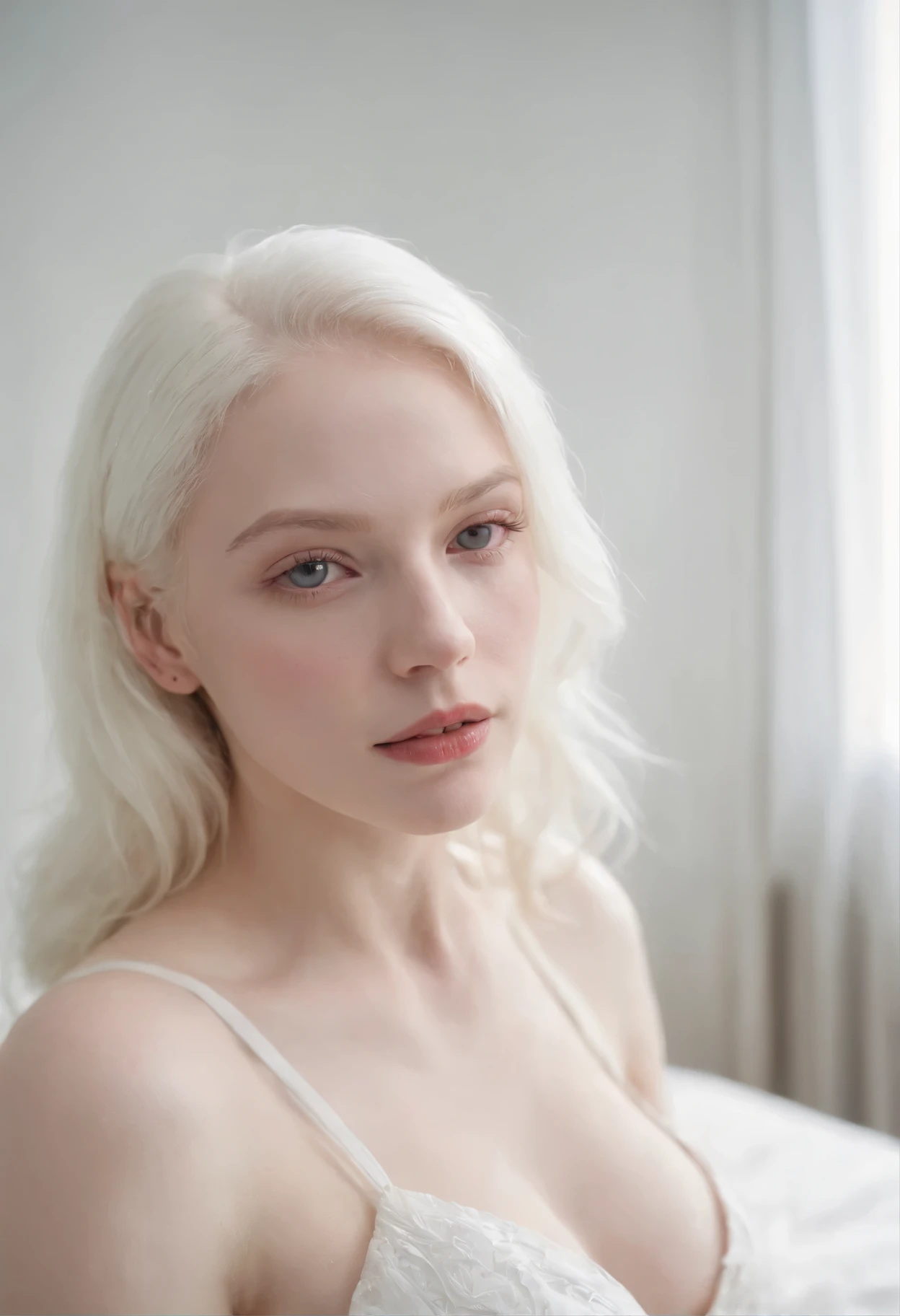 foto do instagram, Close-up headshot of the most beautiful albino woman you know, Novo, Fission, very pale skin, (sorrir:0.4), Sombras duras, melhor qualidade, work-πrhyme, ultra high resolution, (fotorealistisch:1.4), Foto RAW, 1Meninas, ((Novo)), ((peito grande)), luz fria, big booty, NSFW, posando na cama, gabar, mostrando as pernas, programa,