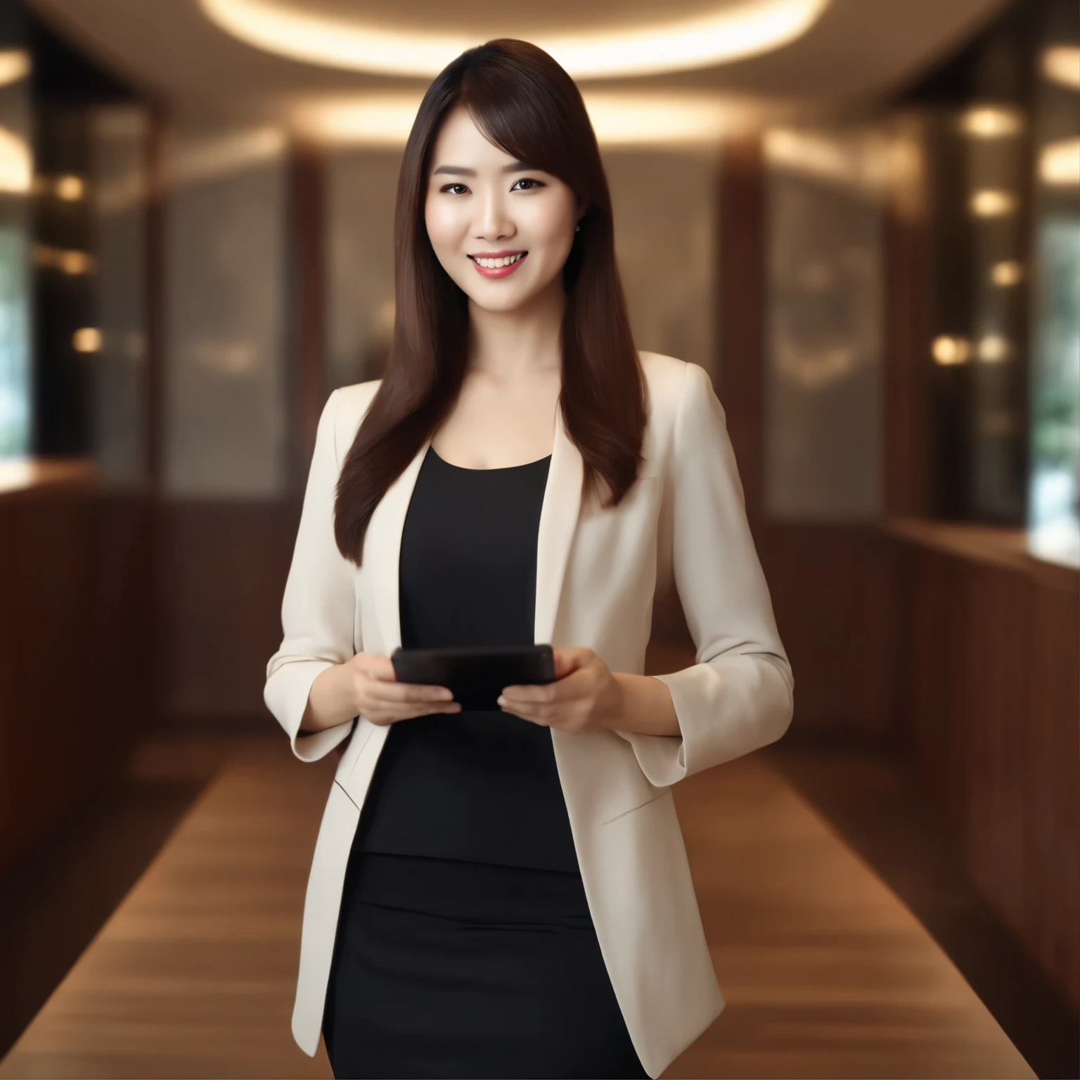 a beautiful chinese lady in her 30's, long straight hair with front hair bangs, plump body, dressed in blazer and skirt, her hand holding a tablet phone, smiling, the background is bright modern and sophisticated room and a contemporary aesthetic. hyper photo realistic, 3d, hyper detailed, hdr, dslr, soft lighting