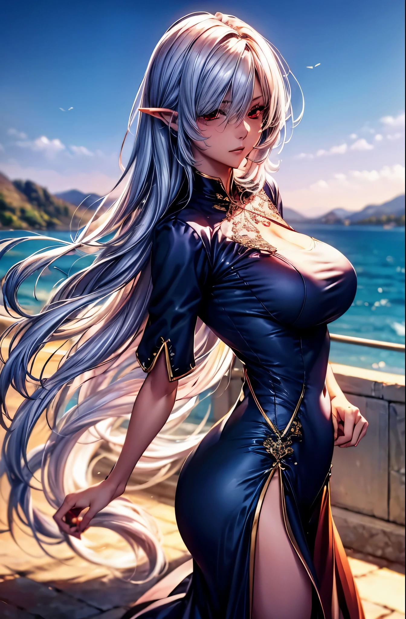detailed face, detailed red eyes, silver hair, 32K highres, pale skin, bang covering left eye