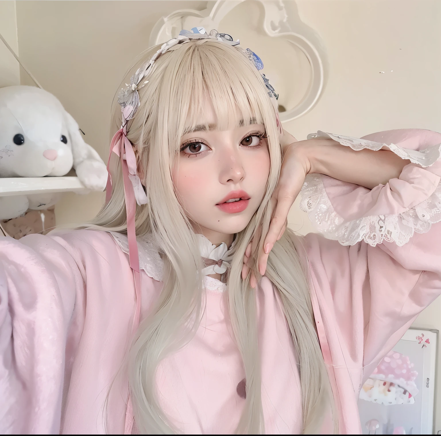  blonde with pink eyes and white hair with a teddy bear, Branch Range, branco hime corte penteado, cabelo whitebangs cabelo, longos cabelos brancos e franja,  com cabelo branco, cabelos brancos rosto bonito, cabelos brancos da nuvem, retrato realista kawaii, Cor do cabelo branco,  pale young ghost, cabelos lisos brancos, com cabelos longos brancos, cabelos brancos e fringy