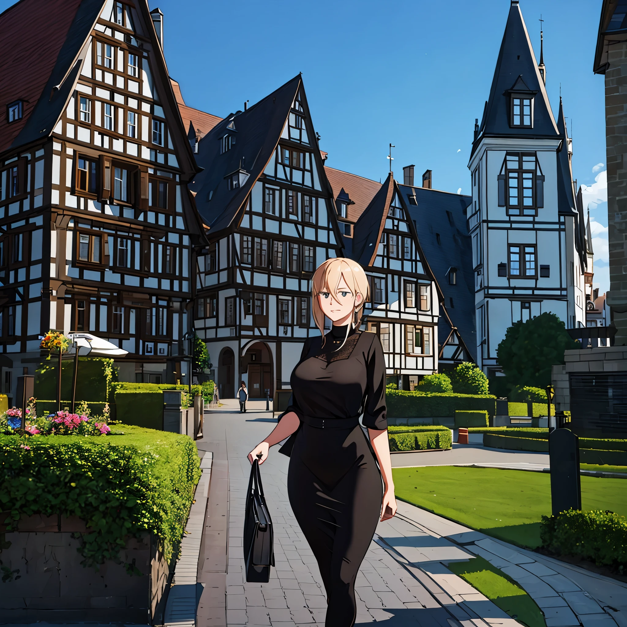 a woman with sophisticated black dress in a german city
