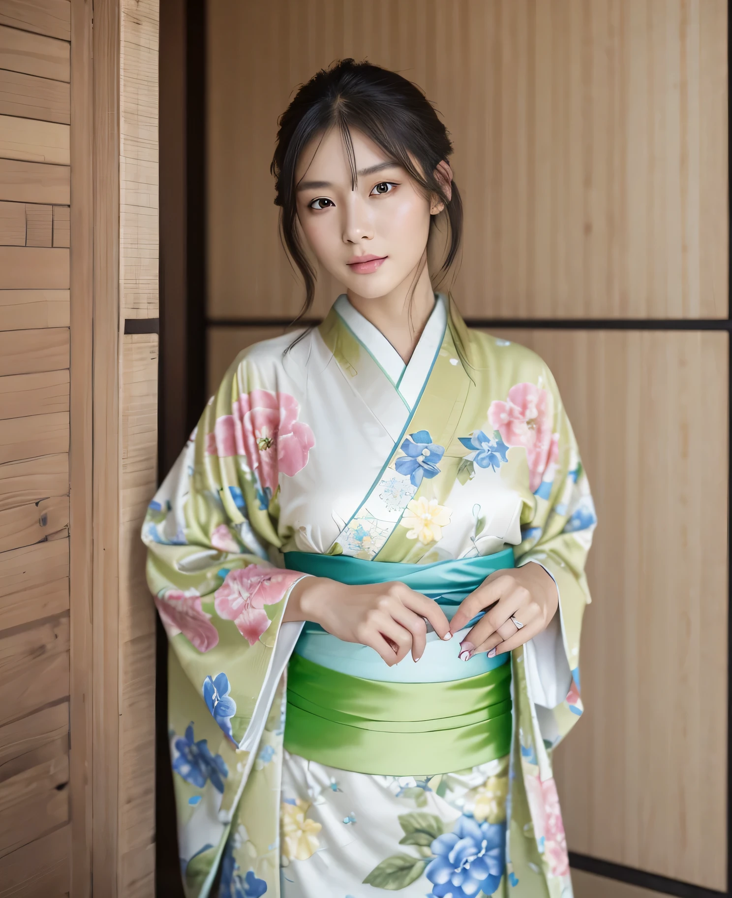 (table top:1.3)、(8K、photo-realistic、Raw photo、highest quality: 1.4)、Super fine、anatomically correct、rough skin、((((1 girl、alone))))、((Shooting for one person only))、beautiful expression、(realistic face)、korean model(black haired,center division、length:1.3)、Chinese models(black haired、center division、length:1.3)、More Korean than Chinese、realistic eyes、skin that looks real、beautiful details、beautiful skin、enchanting smile、ultra high resolution、(surreal)、anatomically correct、rough skin、sharp jaw line、perfect proportions 、((plump bust)),shoot from the front、wearing a kimono,The pattern of the kimono is simple.The base color of the fabric is light green.