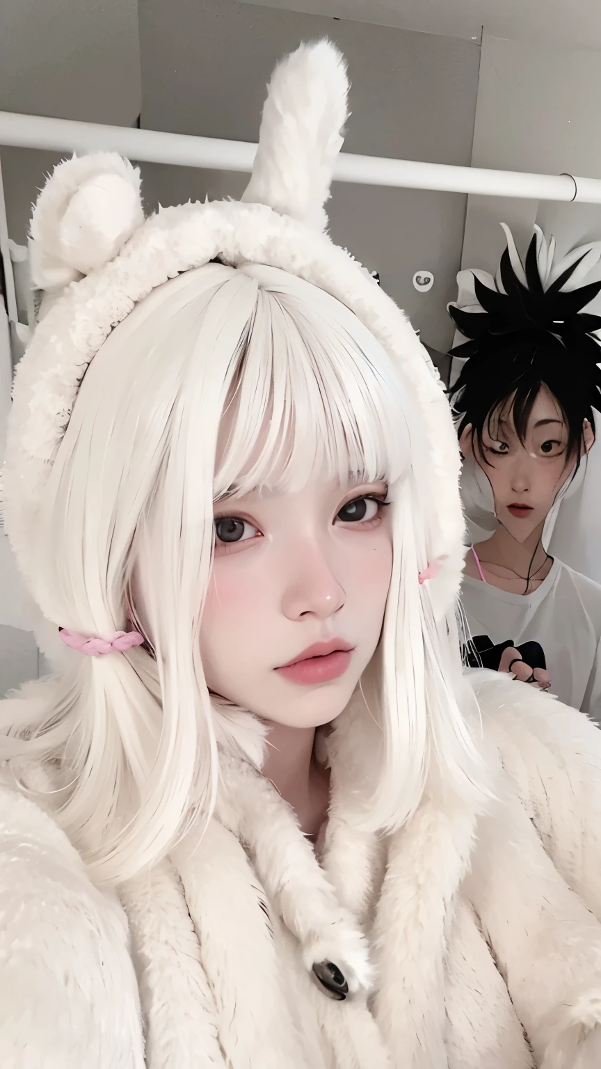 blonde with pink eyes and white hair with a teddy bear, Branch Range, branco hime corte penteado, cabelo whitebangs cabelo, longos cabelos brancos e franja, com cabelo branco, cabelos brancos rosto bonito, cabelos brancos da nuvem, retrato realista kawaii, Cor do cabelo branco, pale young ghost, cabelos lisos brancos, com cabelos longos brancos, cabelos brancos e fringy