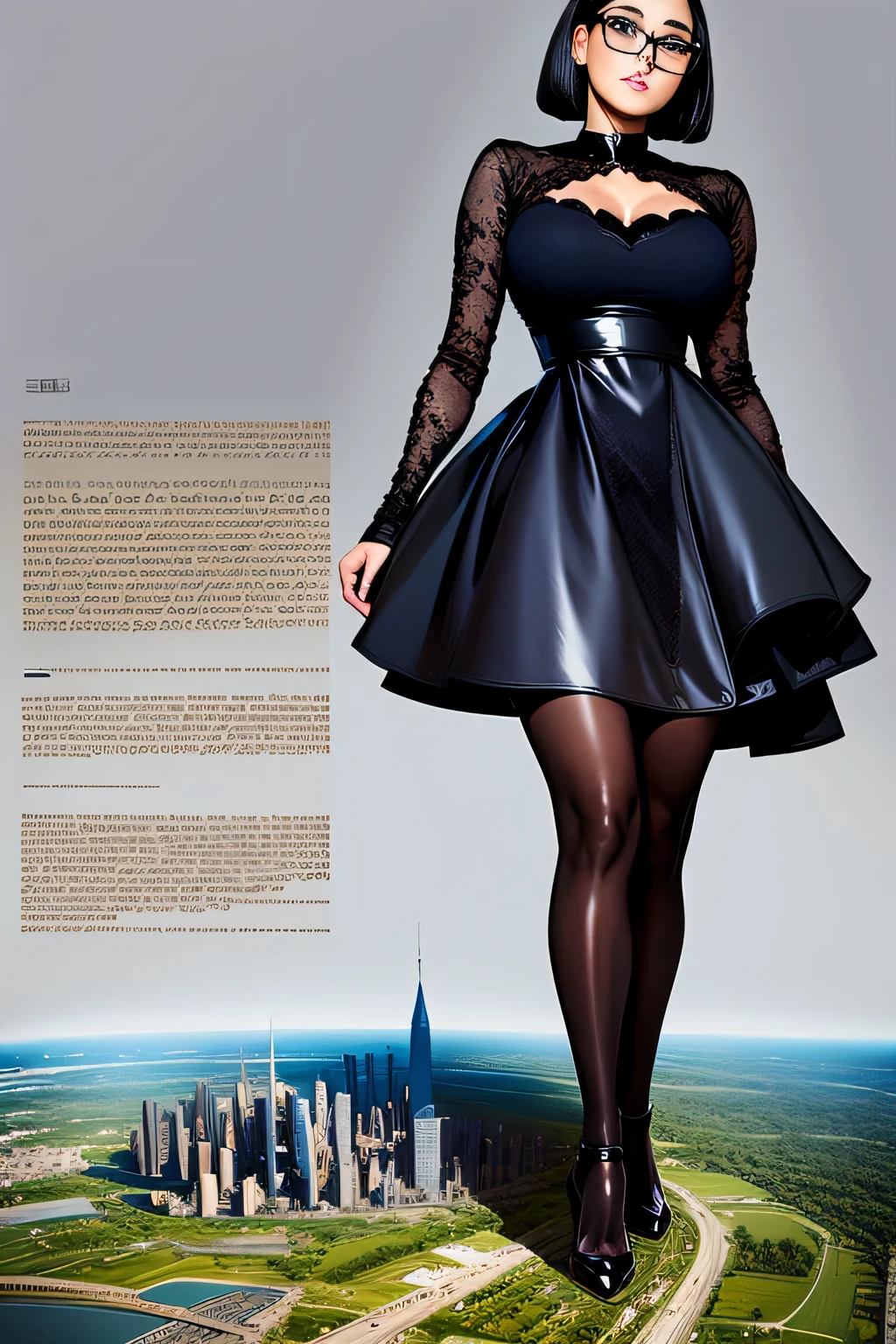 Giantの芸術, 非常に詳細なGiantショット, Giant, short hair, black pantyhose, A giant princess much bigger than a skyscraper, wearing rimless glasses, big breasts, big ass, black luxury dress, black pantyhose, black high heels, very small metropolis, miniature metropolis, full body description, GTS, ギガGiant, Stomping City, crash city, Small town, micro city, High resolution, highest quality, masterpiece,