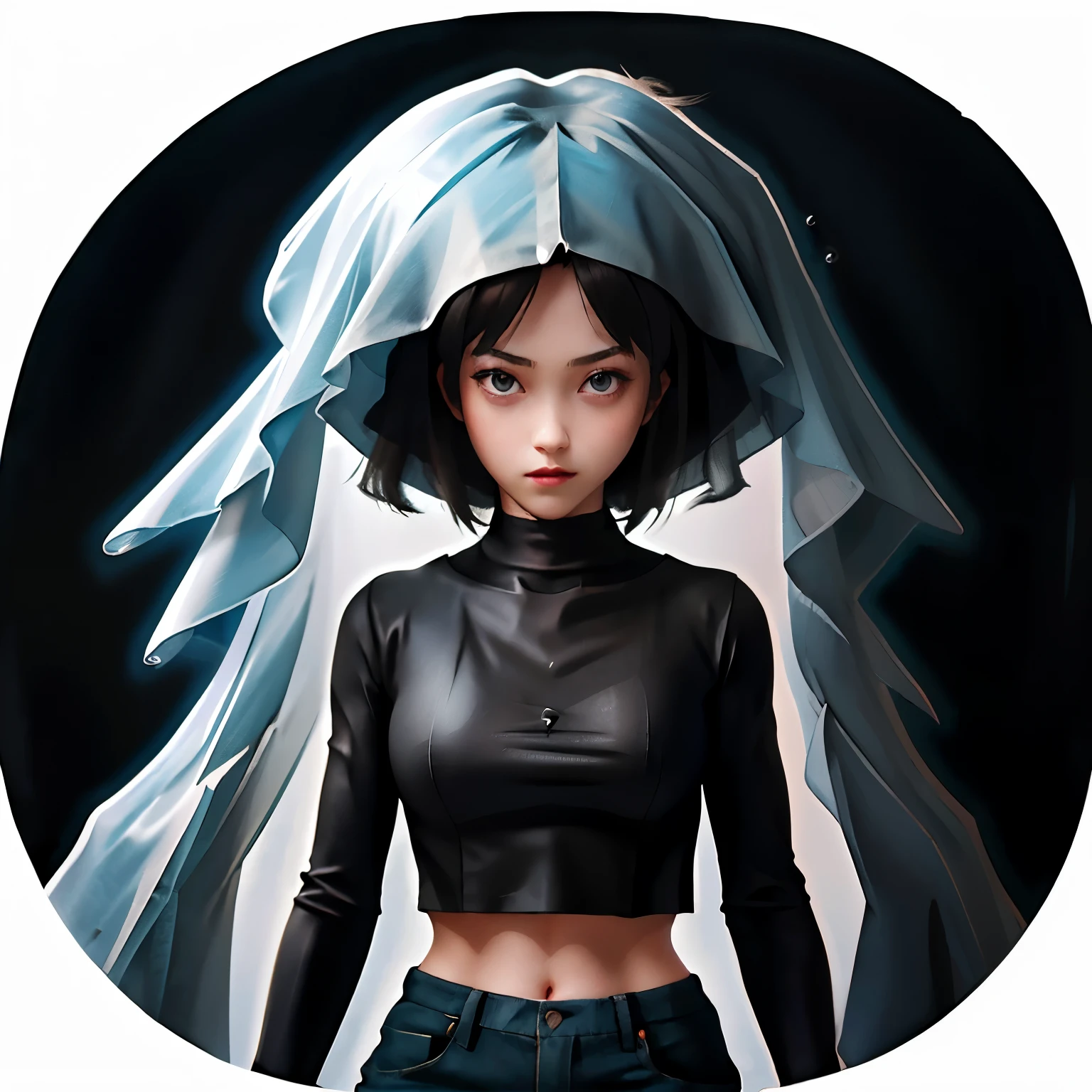 Girl in Thin Undershirt: Rainy Day Scene, (Masterpiece: 1.3), (8K, Real, Raw Photo, Best Quality: 1.3), Lone Girl, Thin Undershirt, (Realistic: 1.2), (Rain: 0.95), (Umbrella: 0.7), Bare Midriff, Wet Hair, Dripping Rainwater, Atmospheric, Detailed Face, (Fine Details: 1.2), (Eyes: 1.1), Sad or Thoughtful Expression, Pensive, (Detailed Clothes: 1.3), (Transparent Material: