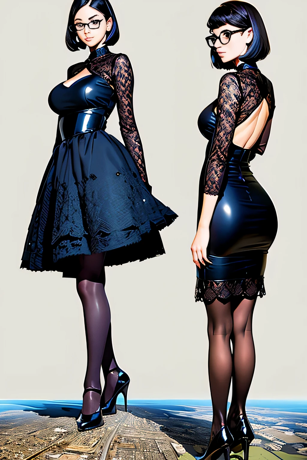 Giantの芸術, 非常に詳細なGiantショット, Giant, short hair, black pantyhose, A giant princess much bigger than a skyscraper, wearing rimless glasses, big breasts, big ass, black luxury dress, black pantyhose, black high heels, very small metropolis, miniature metropolis, full body description, GTS, ギガGiant, Stomping City, crash city, Small town, micro city, High resolution, highest quality, masterpiece,