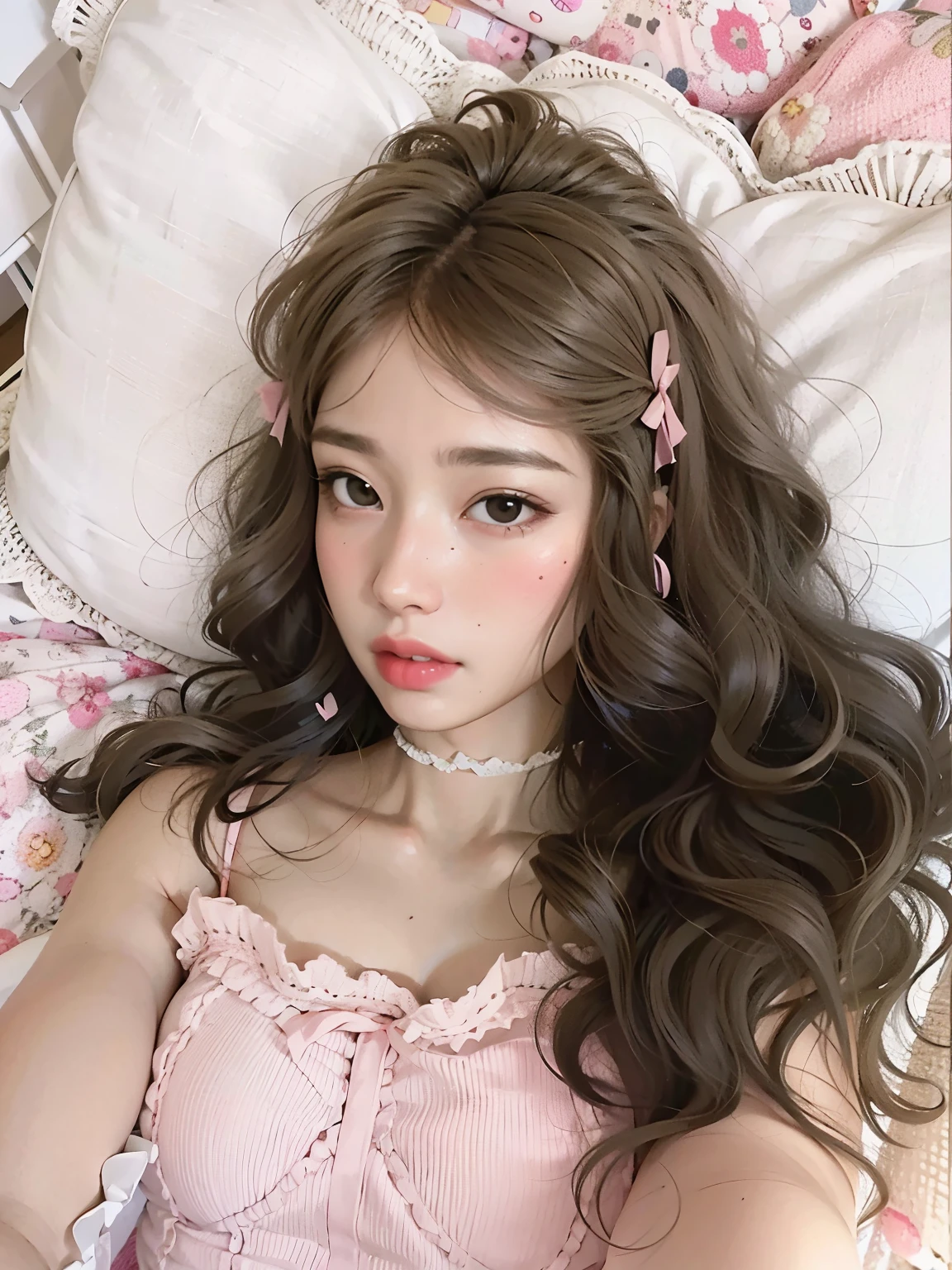  blonde haired woman with a pink bow and headband posing for a photo, linda Delfina, branco hime corte penteado, Branch Range, fairy core, longos cabelos brancos e franja, pale porcelain white skin, her hair is white, cabelo whitebangs cabelo, cabelo claro,  perfeita de cabelos brancos, cabelo loiro extremamente claro, kawaii aesthetic, Estilo Lolita, skin pale as ivory