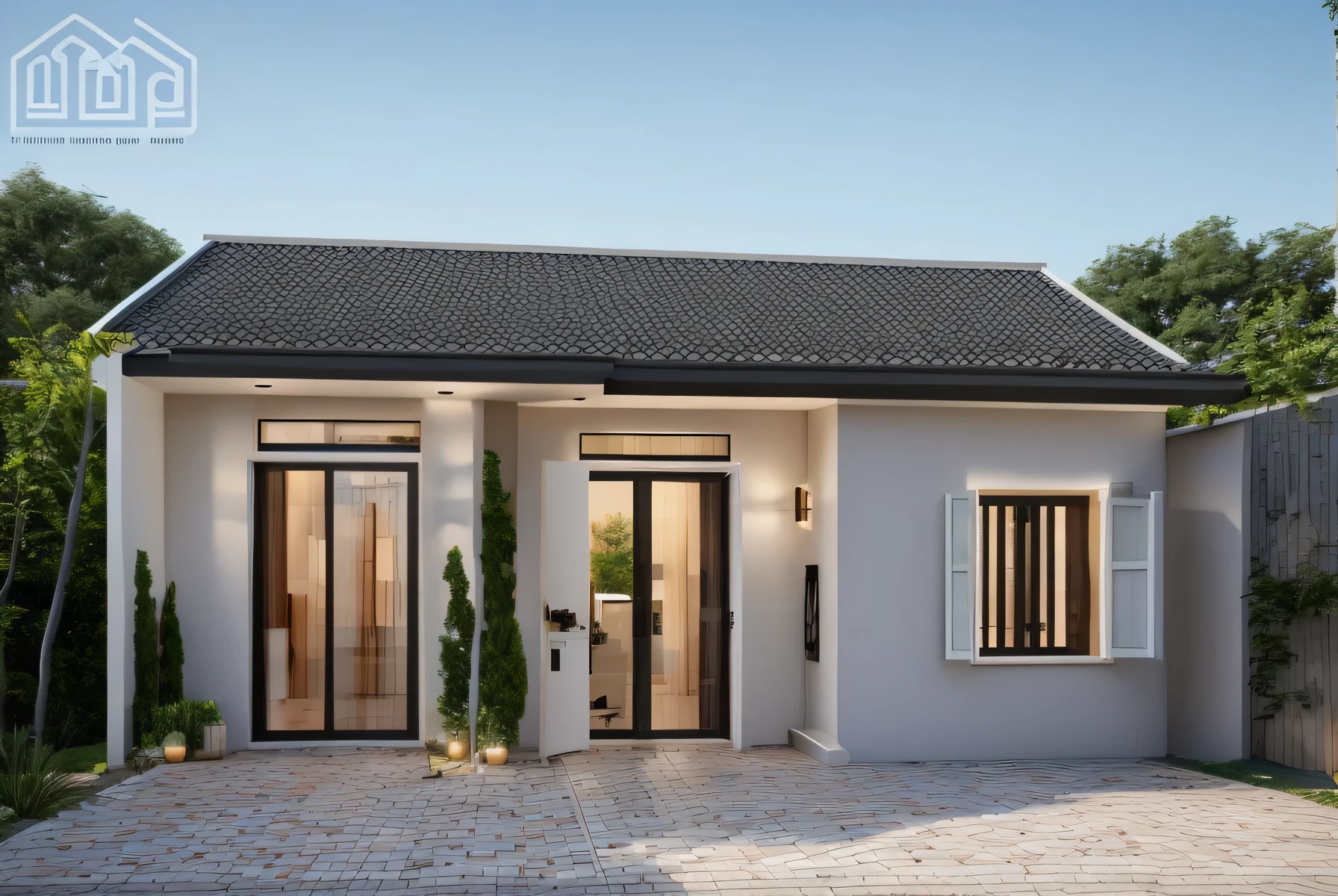 RAW photo of house,1 story ,slope roof, roofing_tile, Masterpiece, high quality, best quality, authentic, super detail,
exterior, vray render ,daylight