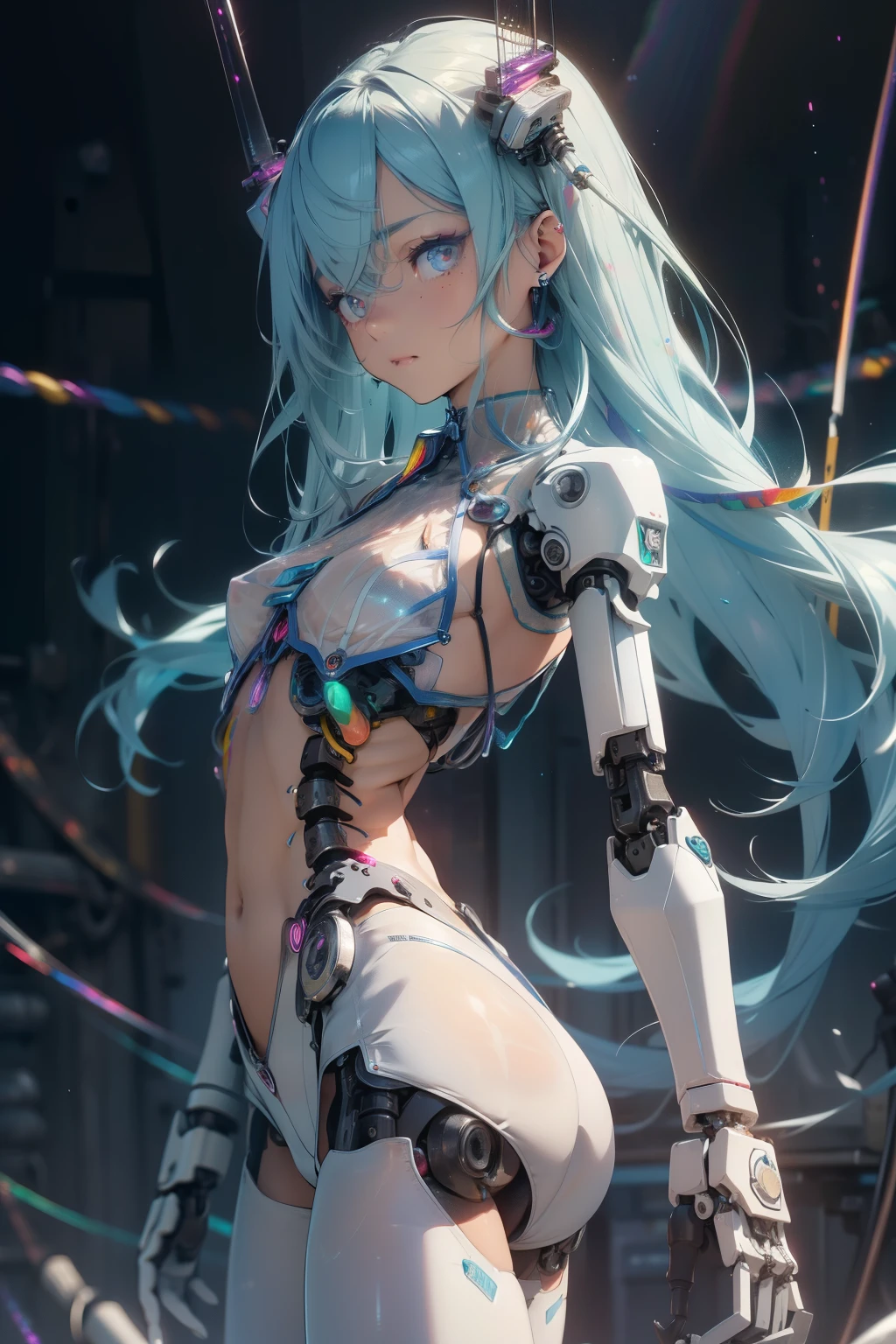 (quality)), ((masterpiece)), Recommended results、Puffy nipples、(see through:1.5)、straighten your back、abdominal muscles、huge bust、angle to floor:1.2、low camera angle、Hair loss on crotch,Hatsune Miku,super detailed)), (highly detailed CGillustration), ((extremely delicate and beautiful)),(1Mechanical Girl)),alone,whole body,(Machine made joints:1.2),((mechanical limbs)),(Rainbow blood vessel dots connected to tubes),(Mechanical vertebrae attached to the back,With flowing glitter.),((Flowing rainbow fixed around neck)),poker face,(wires and cables attaching to neck:1.2),(Rainbow wires and cables on the head:1.2)(Character focus),,Very detailed,colorful,most detailed