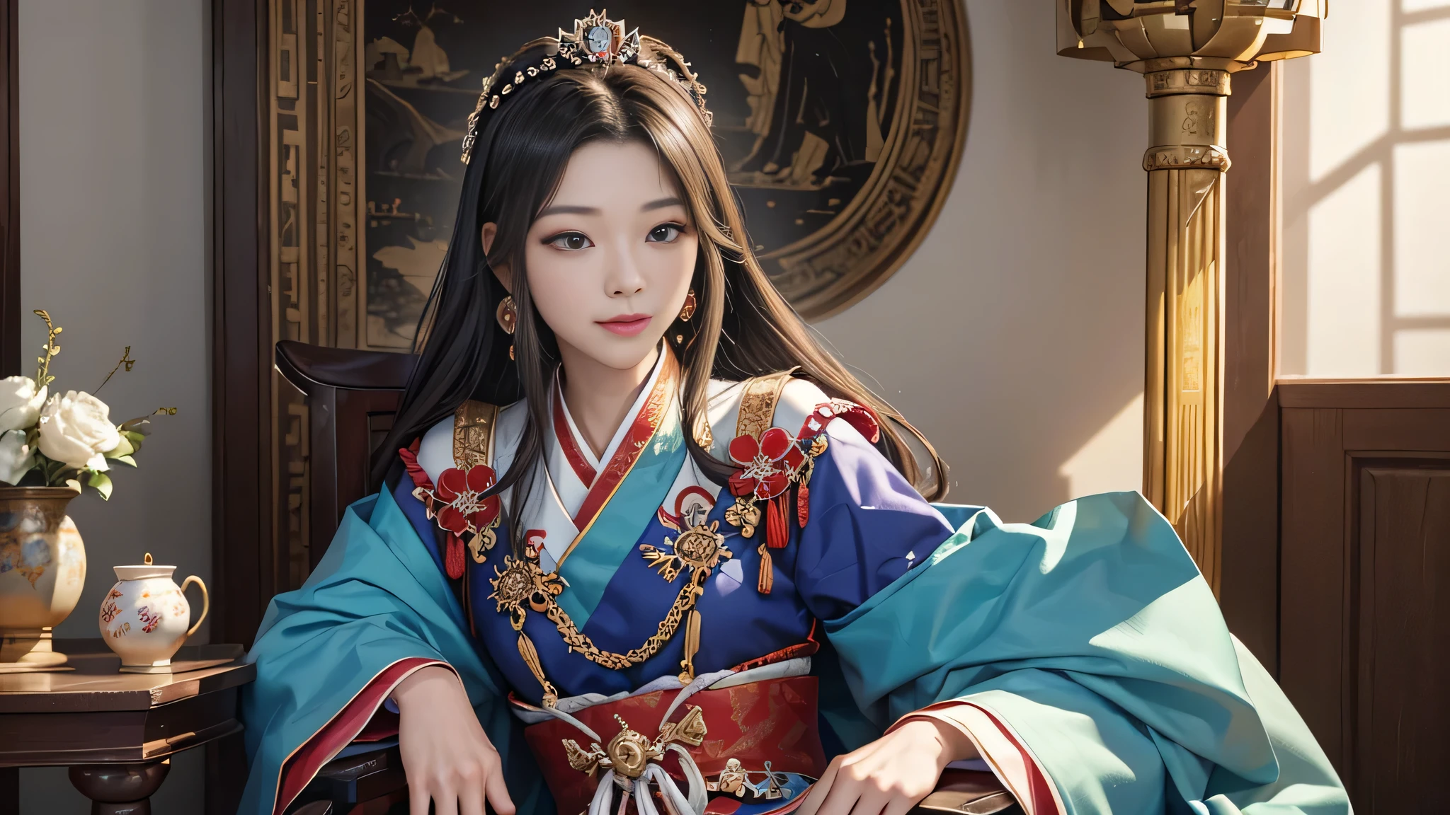 (8K, RAW photo, highest quality, masterpiece: 1.2), (realistic, realistic: 1.37), 1 girl, ancient China、In a room in the imperial court at the end of the Later Han Dynasty、The empress is sitting in a luxurious chair。The empress is華やかな服装で神々It has a nice aura to it..。The empress is綺麗な顔立ちで、She is wearing a hair accessory that was fashionable at the time..。The empress is、he is smiling and looking forward.。