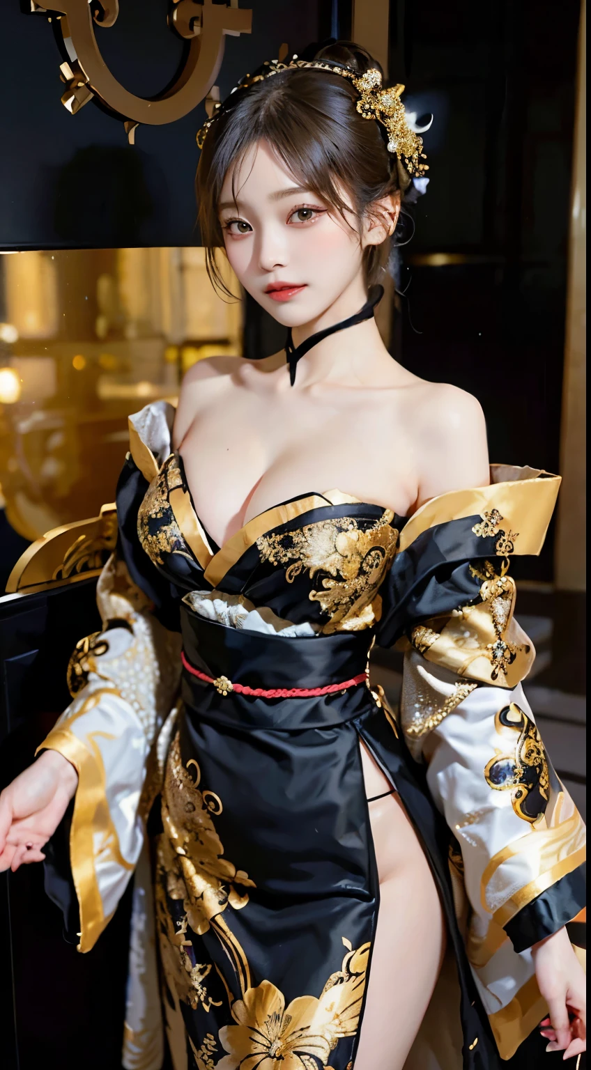 Surrounded by opulence, a woman captivates in the refined allure of a black and gold kimono with modest coverage. The rich black fabric, adorned with intricate golden patterns, elegantly drapes her figure, allowing only a glimpse of skin. The obi, resplendent in gold, cinches her waist with regal subtlety, enhancing the grandeur of the traditional ensemble. In this attire with minimal exposure, she exudes an air of understated elegance, capturing the enduring beauty of a woman in a sumptuous black and gold kimono amidst luxurious surroundings.