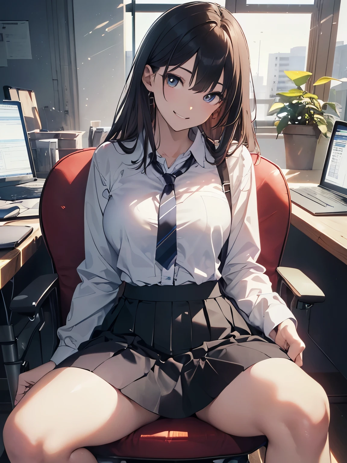 (official art、highest quality、Unity 8k wallpaper、32K、masterpiece、super detailed、超high resolution、realistic、Photoreal:1.2)、(cinematic lighting:1.2)、fire glow effect、film grain、best shadows、rim lighting、side light、(Super detailed and complex 3D rendering)、Background like Makoto Shinkai、detailed beautiful face and eyes、(Beautiful and sharp pupils)、masterpiece, high resolution、highest quality, ultla highres, maximum resolution, very detailed, professional lighting, beautiful skin, 28 year old woman、very pretty、OL、neck strap、hang your employee ID card around your neck、cardigan、At work in the office、desk、(Tight Skirt、sit in a chair、deskの下で、Spread your legs a little and show off your panties:1.4)、pc、bright hair color、bangs、dull bangs、Office Lady、(squint your eyes、grin、troubled eyebrows)、deskの下からのアングル、(super low angle)、(((Precise human body structure、Correct and accurate number of limbs、Correct and accurate number of fingers)))