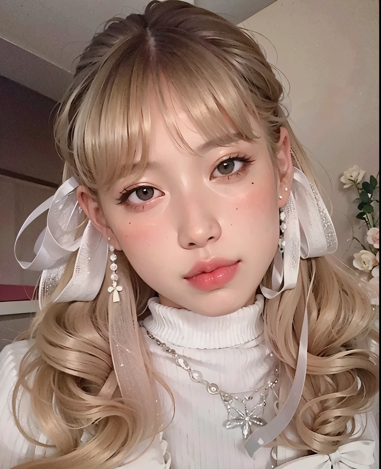 blonde haired woman with a pink bow and headband posing for a photo, linda Delfina, branco hime corte penteado, Branch Range, fairy core, longos cabelos brancos e franja, pale porcelain white skin, her hair is white, cabelo whitebangs cabelo, cabelo claro, perfeita de cabelos brancos, cabelo loiro extremamente claro, kawaii aesthetic, Estilo Lolita, skin pale as ivory