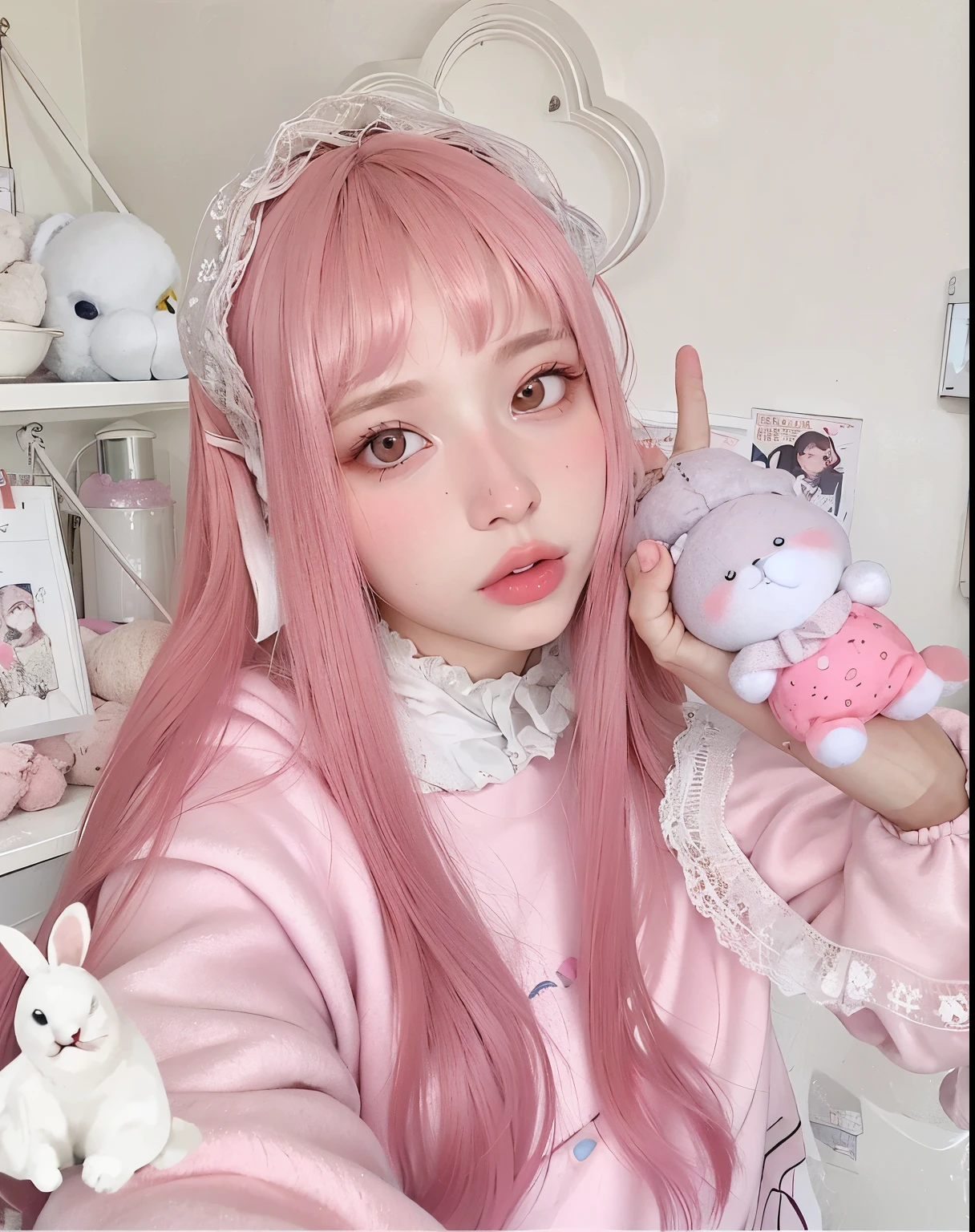blonde with pink eyes and white hair with a teddy bear, Branch Range, branco hime corte penteado, cabelo whitebangs cabelo, longos cabelos brancos e franja, com cabelo branco, cabelos brancos rosto bonito, cabelos brancos da nuvem, retrato realista kawaii, Cor do cabelo branco, pale young ghost, cabelos lisos brancos, com cabelos longos brancos, cabelos brancos e fringy