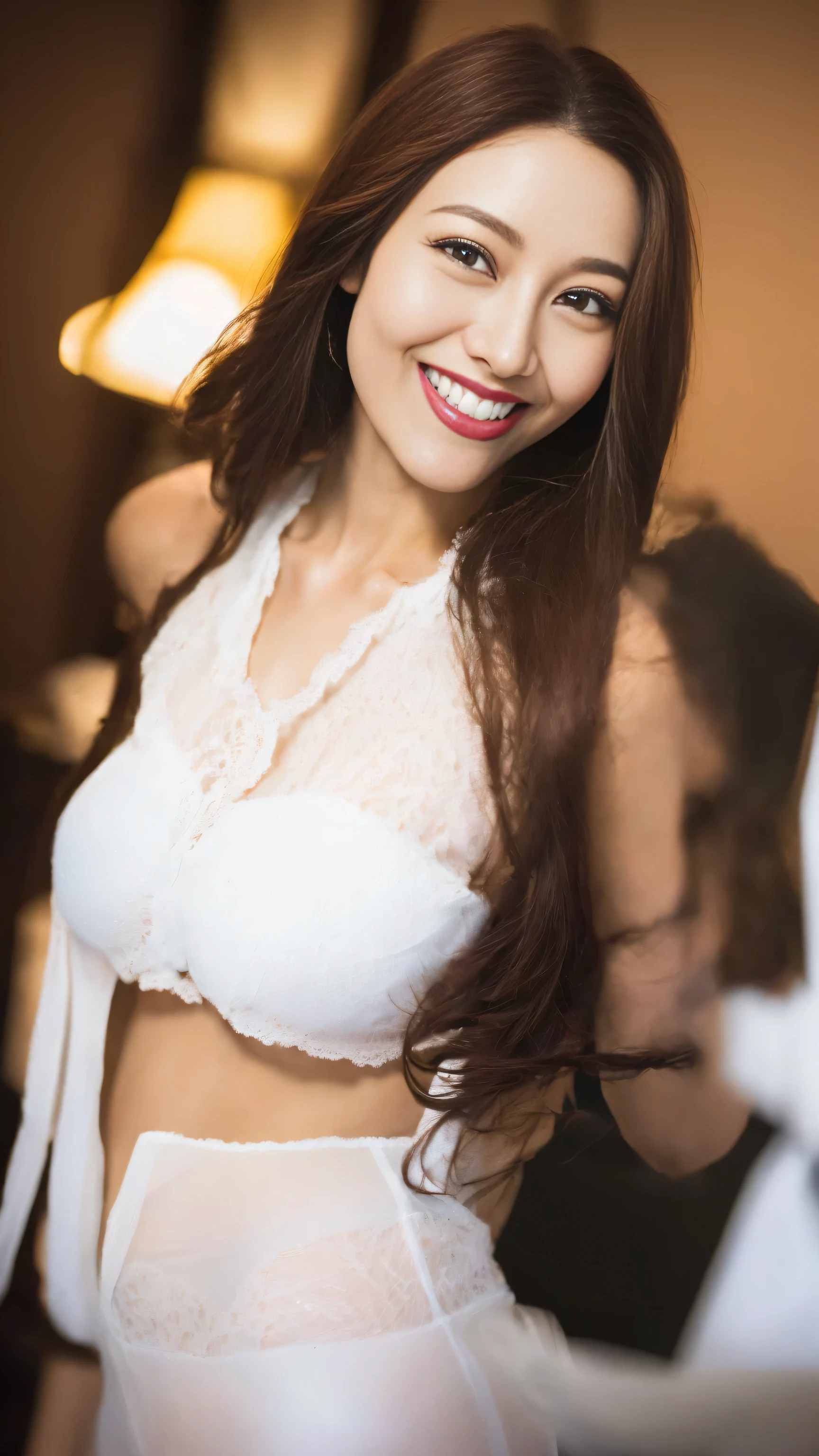 nice images，clear focus，perfect brown eyes，bright red lips，long hair，Home，Look head-on，full pose，wonderful faces..，It looks beautiful。，(((White hollow sexy underwear)))，((Excited and satisfied smile))，extra focus，Radiant face，facial details，8K resolution，