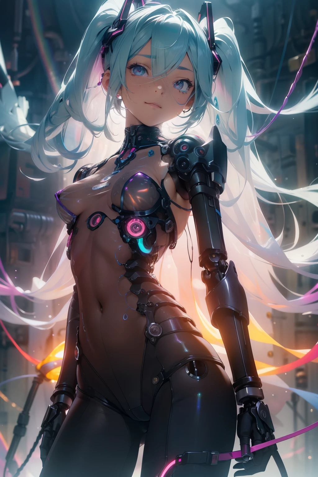 (quality)), ((masterpiece)), Recommended results、Puffy nipples、(see through:1.5)、straighten your back、abdominal muscles、huge bust、angle to floor:1.2、low camera angle、Hair loss on crotch，Hatsune Miku，super detailed)), (highly detailed CGillustration), ((extremely delicate and beautiful)),(1Mechanical Girl)),alone,whole body,(Machine made joints:1.2),((mechanical limbs)),(Rainbow blood vessel dots connected to tubes),(Rainbow mechanical vertebrae attached to back，With flowing rainbow dots.),((Flowing rainbow fixed around neck)),poker face,(Rainbow wires and cables attached to the neck:1.2),(Rainbow wires and cables on the head:1.2)(Character focus),,Very detailed,colorful,most detailed