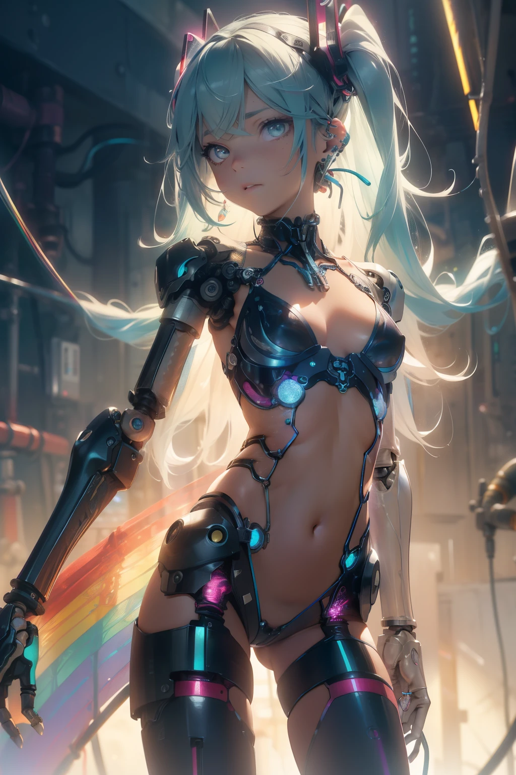 (quality)), ((masterpiece)), Recommended results、Puffy nipples、(see through:1.5)、straighten your back、abdominal muscles、huge bust、angle to floor:1.2、low camera angle、Hair loss on crotch，Hatsune Miku，super detailed)), (highly detailed CGillustration), ((extremely delicate and beautiful)),(1Mechanical Girl)),alone,whole body,(Machine made joints:1.2),((mechanical limbs)),(Rainbow blood vessel dots connected to tubes),(Rainbow mechanical vertebrae attached to back，With flowing rainbow dots.),((Flowing rainbow fixed around neck)),poker face,(Rainbow wires and cables attached to the neck:1.2),(Rainbow wires and cables on the head:1.2)(Character focus),,Very detailed,colorful,most detailed
