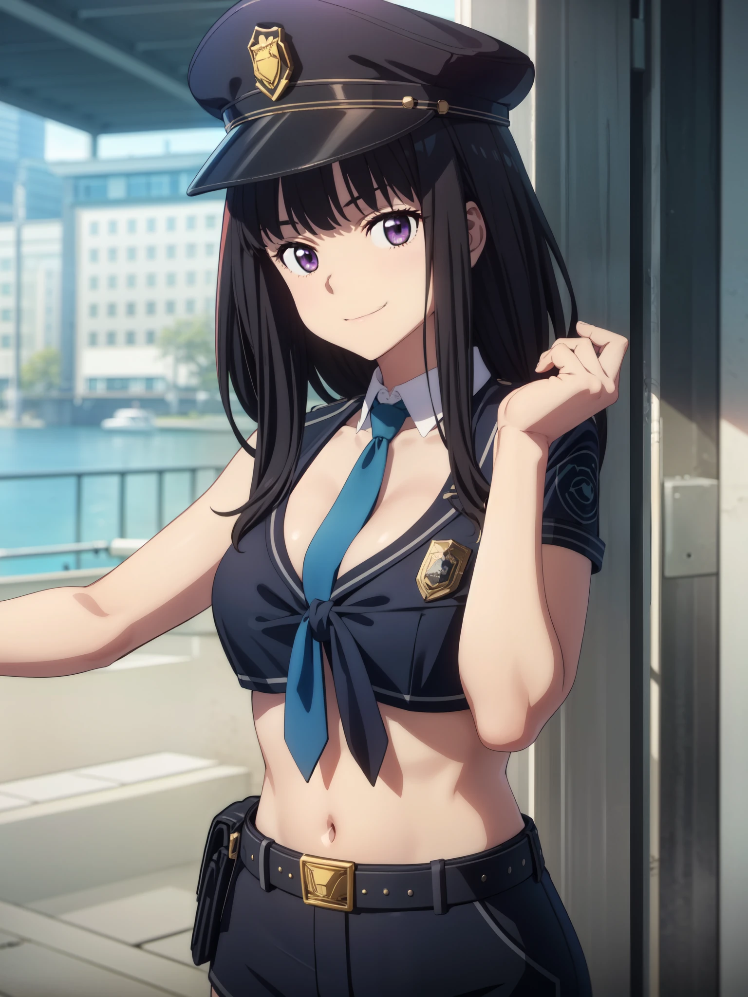 (((pixel perfect, detail perfect))), alone, 1 girl, Chisato Nishikigi, looking at the viewer, smile, Upper body、black police peaked cap, Police, cleavage, Midriffs, white shirt, front-tie top, purple eyes, long hair, Black High-waist shorts, (blue belt:1.2), black fingerless gloves, black boots(,emerald tie),medium beasts,gravure pose,(face up shot)