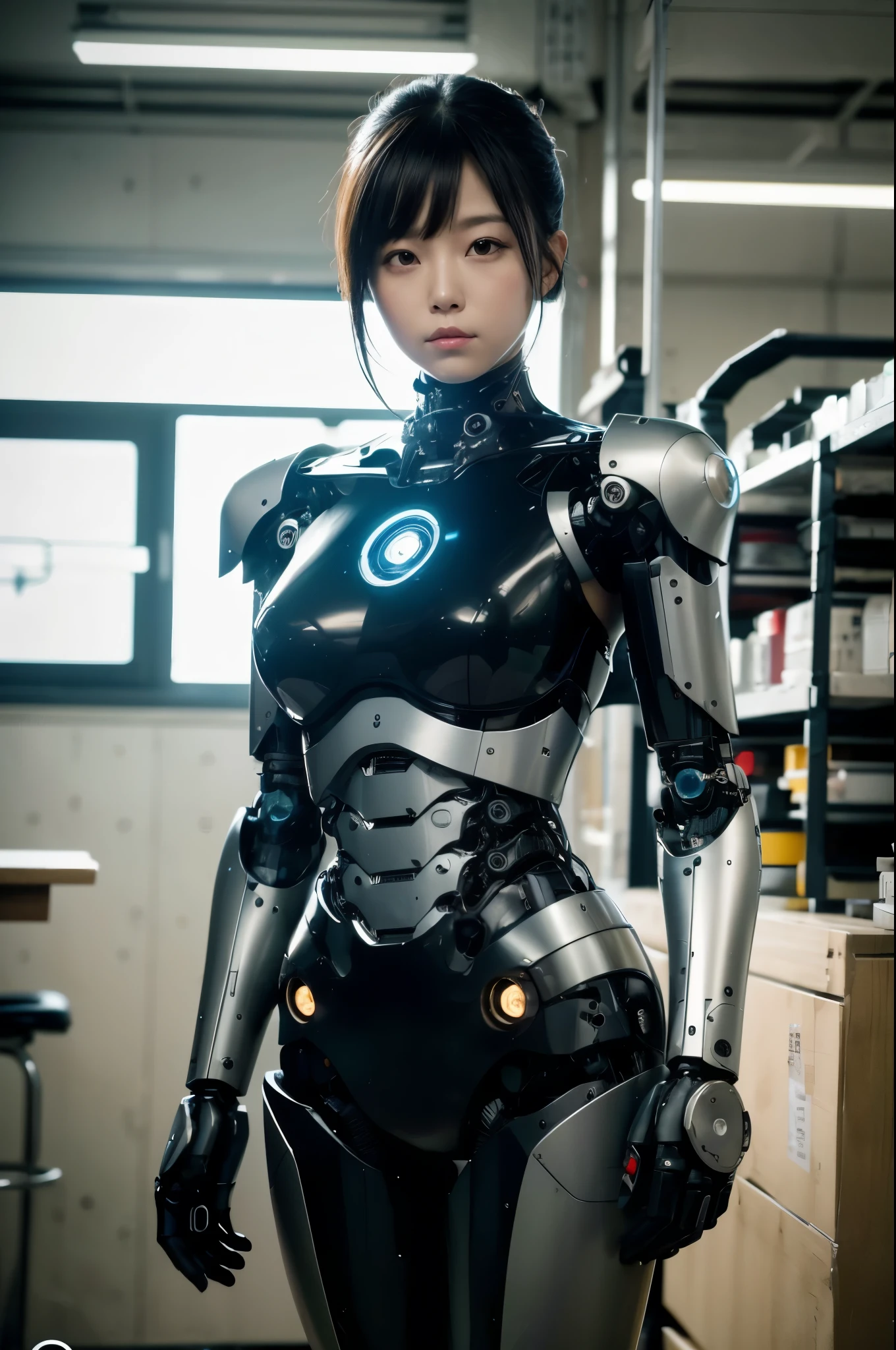 masterpiece, best quality, extremely detailed, Japaese android girl,Plump , control panels,android,Droid,Mechanical Hand, Robot arms and legs, Black hair,Blunt bangs,perfect robot girl,long tube,thick cable connected her neck,android,robot,humanoid,cyborg,japanese cyborg girl ,robot-assembly plant,She is assembling now,assembly scene