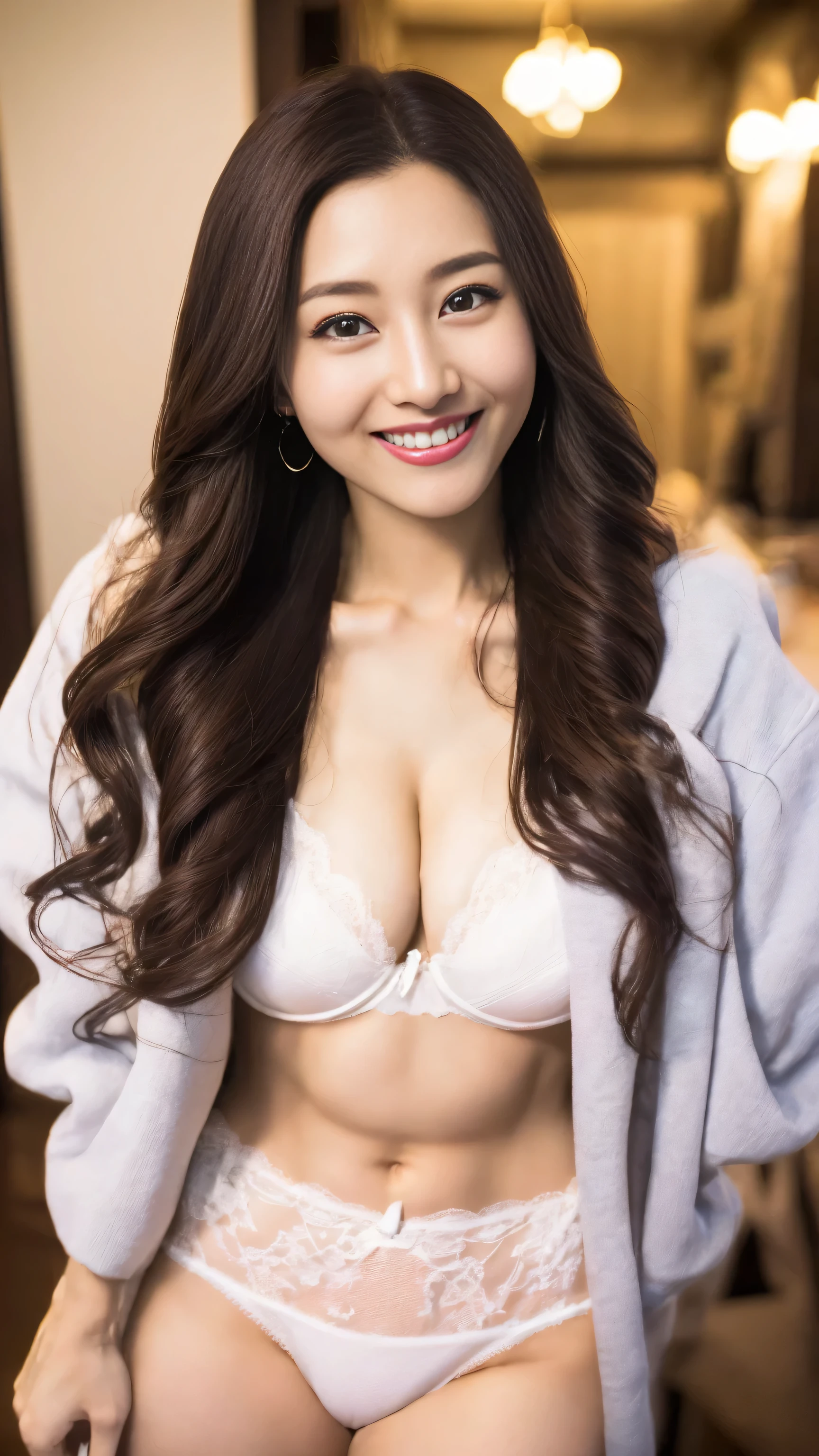 nice images,clear focus,perfect brown eyes,bright red lips,long hair,Home,Look head-on,full pose,wonderful faces..,It looks beautiful。,(((White hollow sexy underwear))),((Excited and satisfied smile)),extra focus,Radiant face,facial details,8K resolution,