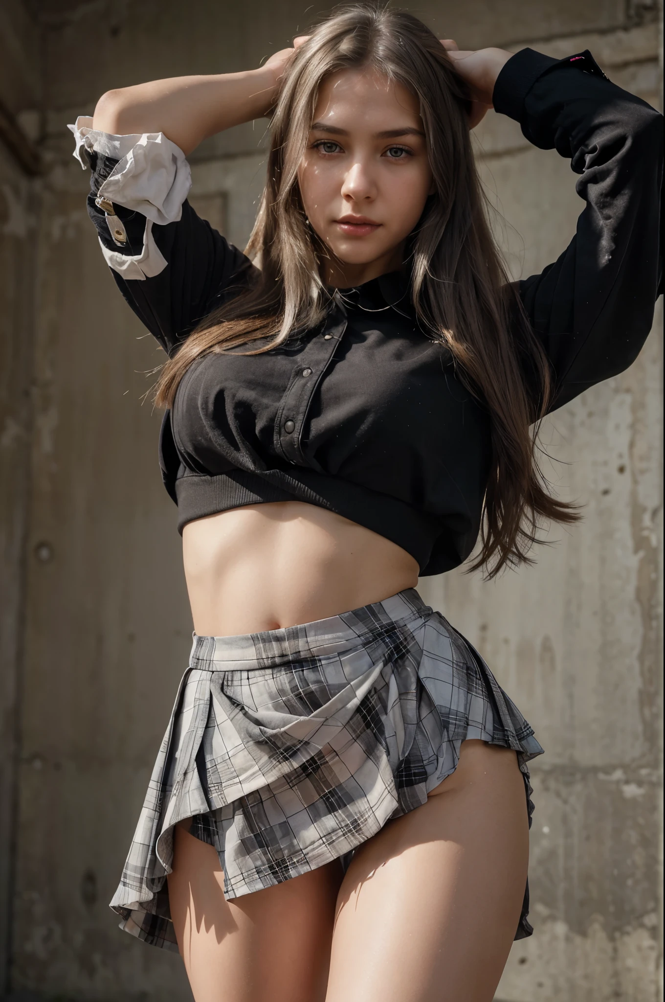 (Photorealistic: 1.4), high resolution, 1women, solo pose, hips tilted up, gazing directly at the viewer, white hair cascading down, long hair flowing behind, school uniform with plaid pattern, skirt hiked up to reveal a sexy young woman's thighs, realistic textures, beautiful succubus-like features with grey eyes shining intensely, (derevschikova:1.5), perfectly shaped nose, ultra beautiful and compelling, 8k resolution, Fuji XT3 camera, not cropped image, premium quality