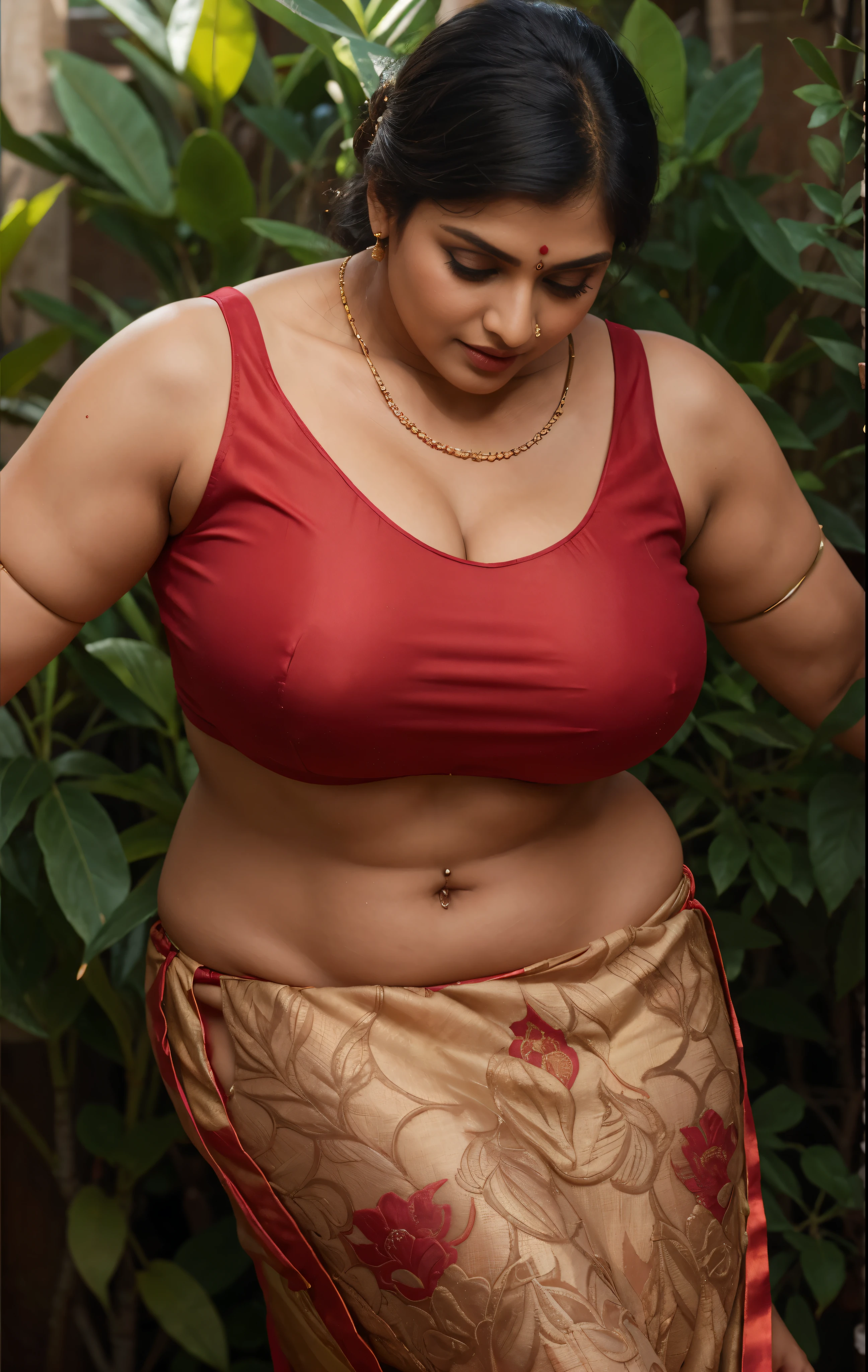 Photographic recreation shoot Inspired from art by mohanan manimala, best quality, modelshoot, profile photoshoot, mastershot, model photography, retouched, movie stills shoot, modelshoot Inspired by art of mohanan manimala, revealing clothes, her exposed charming figure, appealing physique, pale skin, Beautiful lady, extremely gorgeous woman, mallu traditional wear, party wear, summer party wear, designer saree, sexy woman, wedding party wear, hot sleeveless blouse, sexy designer dress, designer blouse, braless, hot party wear, spotless skin, designer sari, fashion saree, 45 years old, sexy sleeveless blouse, armpits exposing, modern Indian aunties, sexy Indian housewife, desi bhabhi hot, sexy giant woman like figure, seductive body, wearing palla, Indian traditional bandeau crop top bra, huge breast, milk tank, mallu woman, mallu actress, mallu aunty, mallu sari model, mallu actress, lusty, perfect thick body, fleshy figure, highly detailed, intricate, flawless, drooping figure, seductive expression, beautiful face, juicy figure, perfect face, perfect eyes, perfect fingers, round shaped face, curvy, skin texture, hot, small hairs on armpits visible, unshaved underarm, armpit crease, captivating, lusty, charming, attractive figure, mature woman, Kerala model, Kerala actress, nails can be hidden, queen of Lust, High clarity eyes, gigantic figure , extremely seductive, extremely seductive dress,