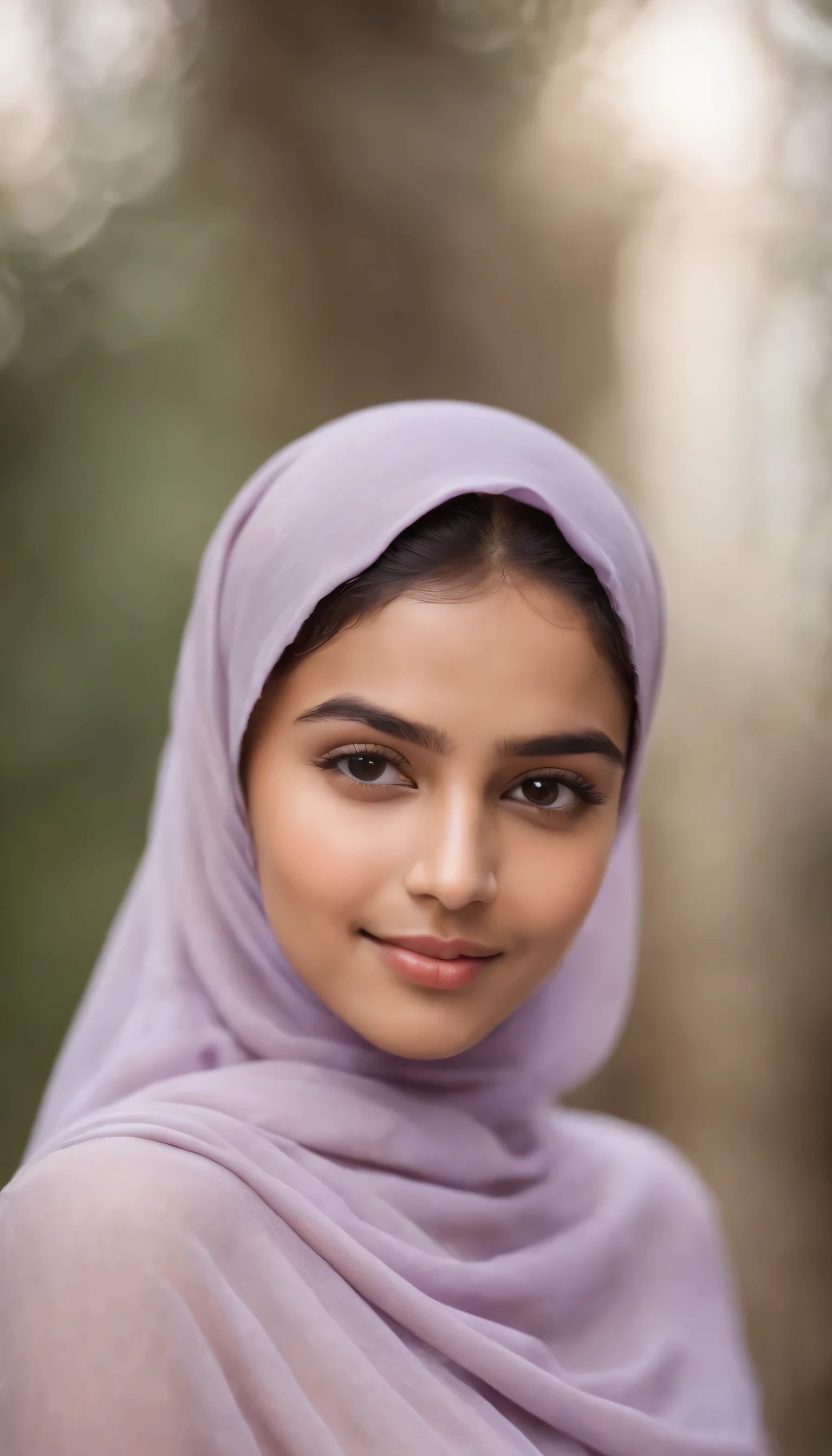 Portrait of an 18 year old sexy muslim with hijab, beautiful Kerala girl, round face, brown skin, seductive face (asymmetric face), wearing full sleeve dress in lavender color, in her room, shy and cheerful smile, perfect medium breast, (provocatiive)
