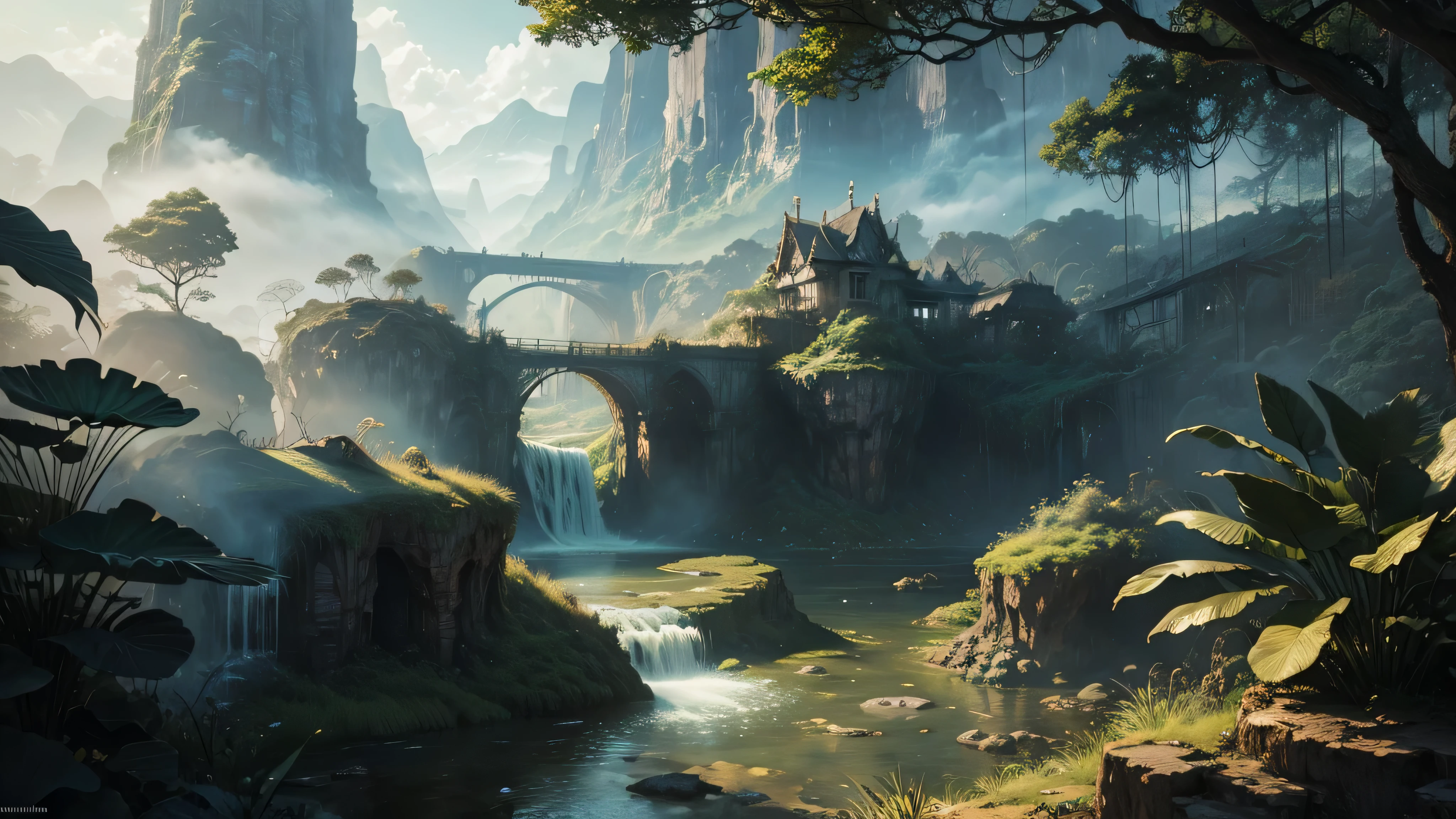 There is a waterfall in the middle of a tropical jungle, bela fantasia detalhada, fantasia altamente detalhada, fantasy scenic, arte digital de fantasia detalhada, Arte digital de fantasia 2D, arte digital detalhada de fantasia 2D, impressive paisagem de fantasia, fantasy pictorial style, arte estilo fantasia, medieval paisagem de fantasia, paisagem de fantasia, realistic fantasy illustration, Arte de fantasia 4k, cidade de fantasia