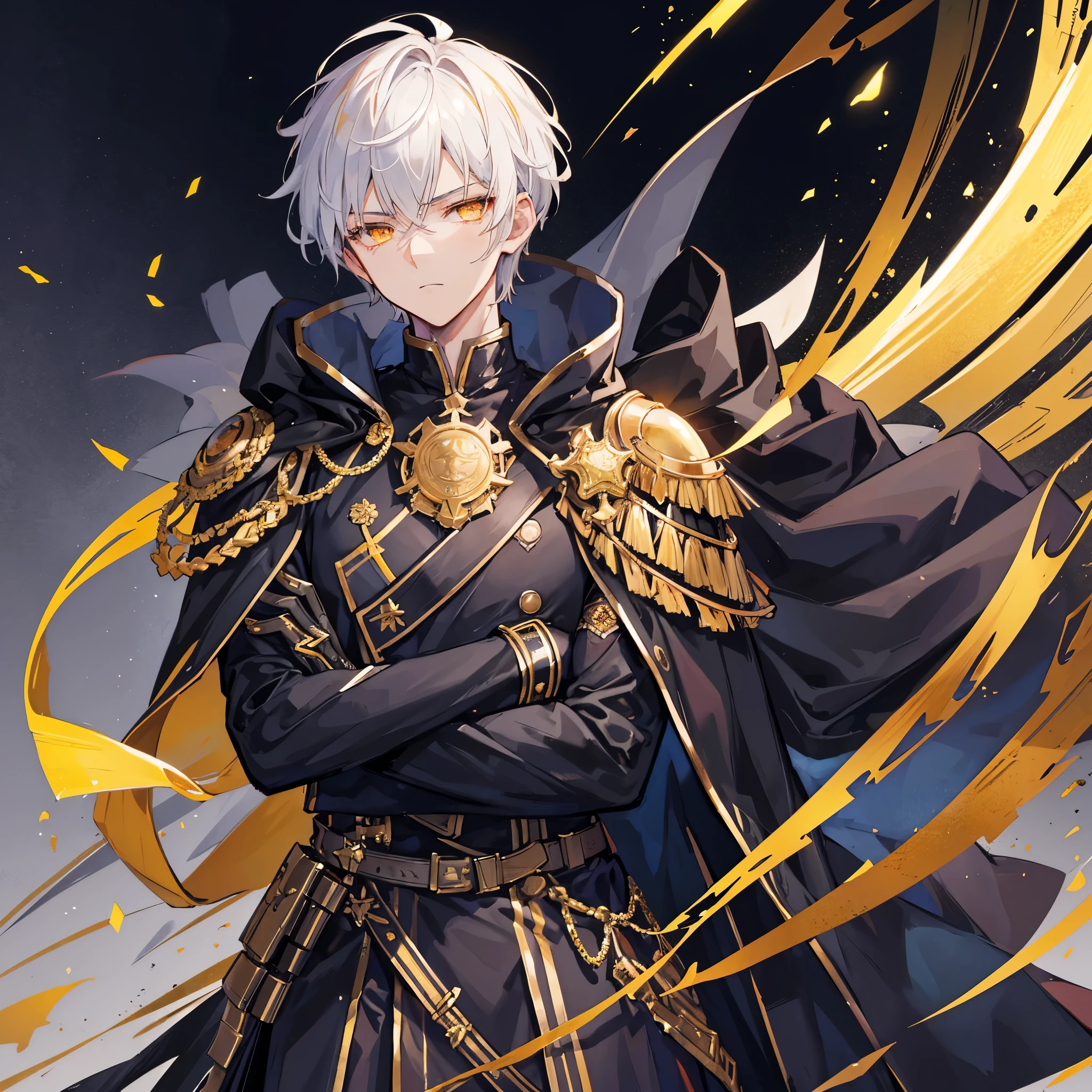 Handsome male, , short white hair, glowing golden eyes, galahad from fate, close up, calm expression, stoic, black military clothes, black cape, golden gloves, crossed arms, upper body, looking at viewer, cowboy shot, dark castle background