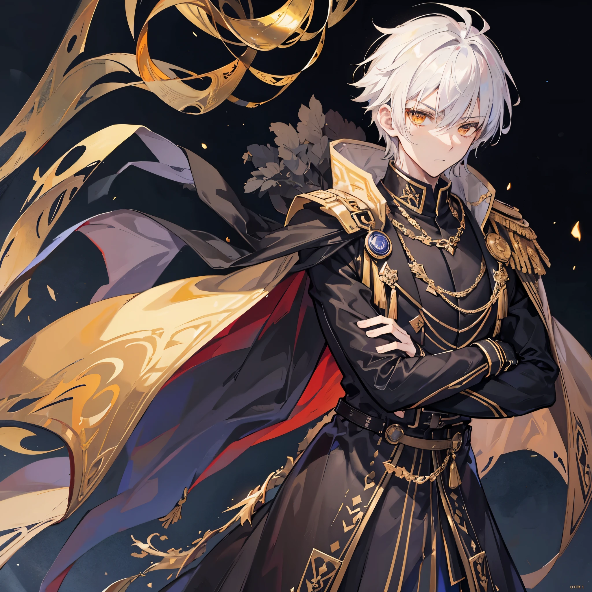 Handsome male, 17 years old, short white hair, glowing golden eyes, galahad from fate, close up, calm expression, stoic, black military clothes, black cape, golden gloves, crossed arms, upper body, looking at viewer, cowboy shot, dark castle background