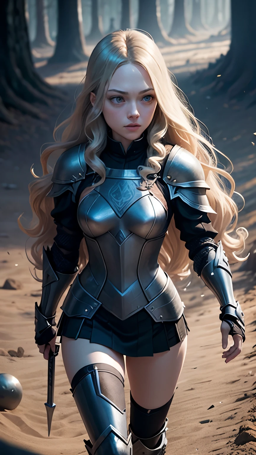 amanda seyfried, long hair, wavy hair, athletic body, celtic armor, many shadows, full body, Battle Royale background.