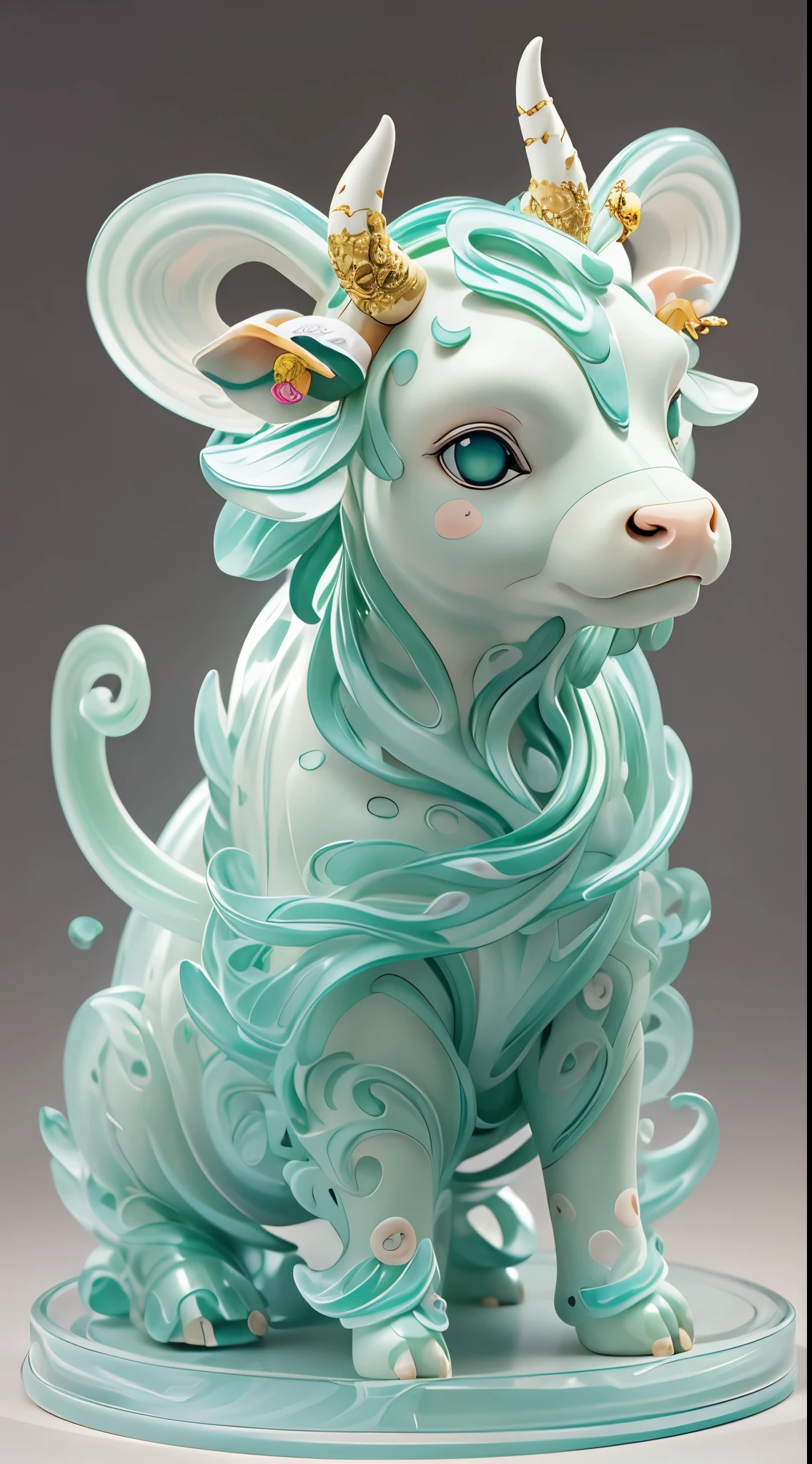 The shape of a cow，The background is clean，Dreamy colors，Transparent statue，florals，Big eyes，green color，Serious expressions，((cow horn))，Clear eyes，tmasterpiece，（best qualtiy：1.3），A cow，full body