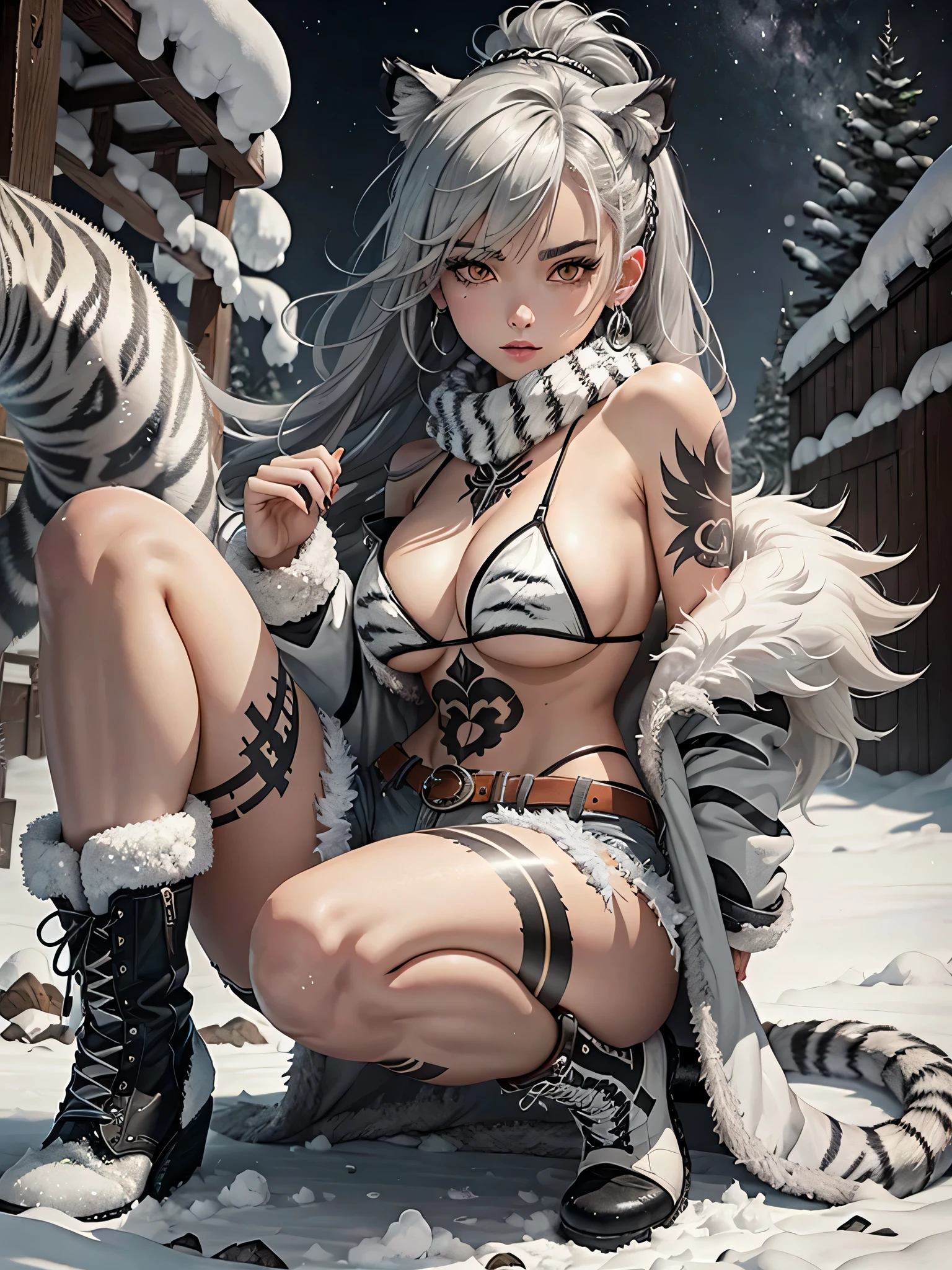 snowfield，Claws，Beast tail，dark gray hair，brown animal eyes，Ragged off-the-shoulder bikini，Fur shorts，white tiger pattern，tattoo，boots，night