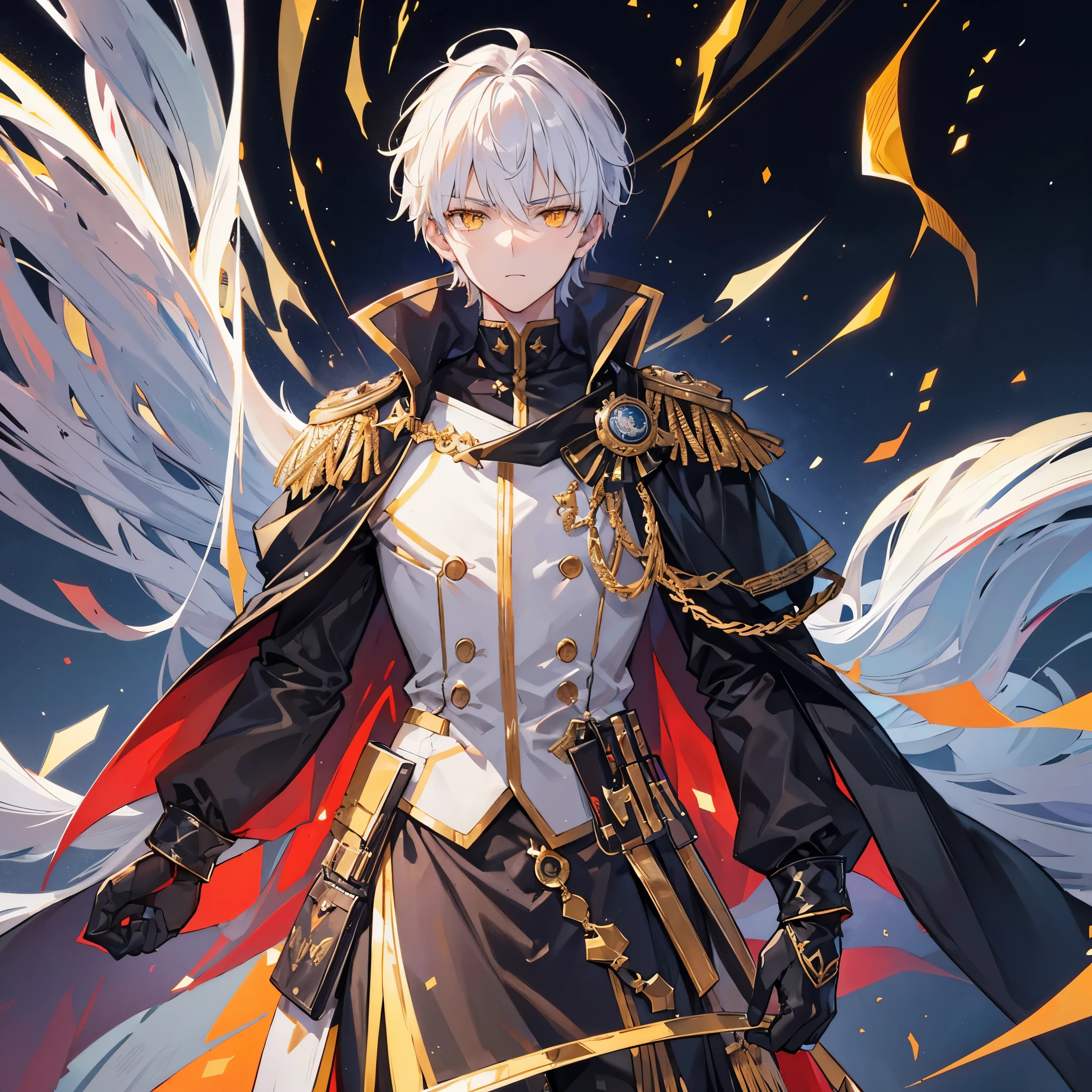 Handsome male, 17 years old, short white hair, glowing golden eyes, galahad from fate, close up, calm expression, stoic, black military clothes, black cape, golden gloves, crossed arms, upper body, looking at viewer, cowboy shot, dark castle background
