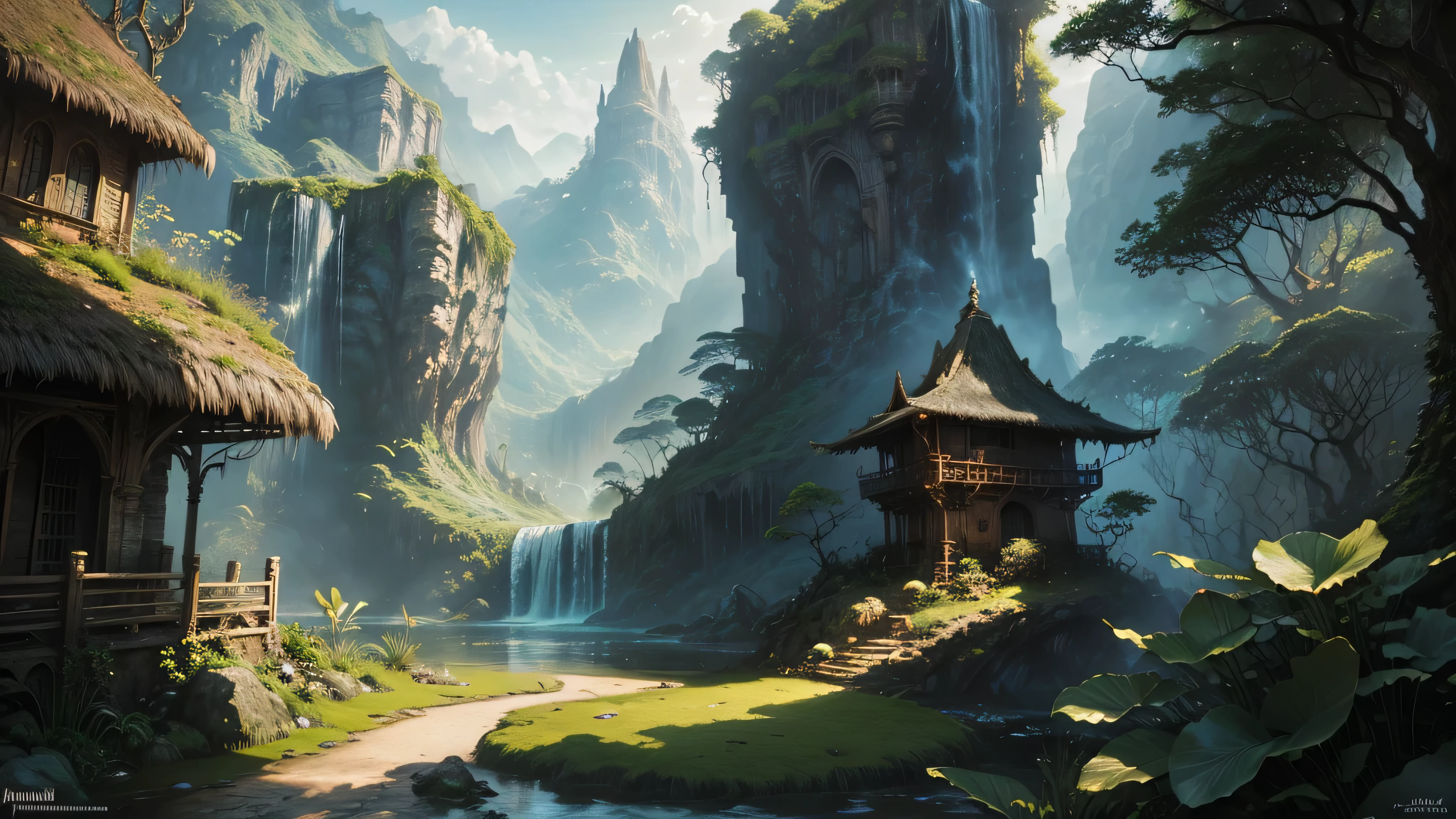 There is a waterfall in the middle of a tropical jungle, bela fantasia detalhada, fantasia altamente detalhada, fantasy scenic, arte digital de fantasia detalhada, Arte digital de fantasia 2D, arte digital detalhada de fantasia 2D, impressive paisagem de fantasia, fantasy pictorial style, arte estilo fantasia, medieval paisagem de fantasia, paisagem de fantasia, realistic fantasy illustration, Arte de fantasia 4k, cidade de fantasia