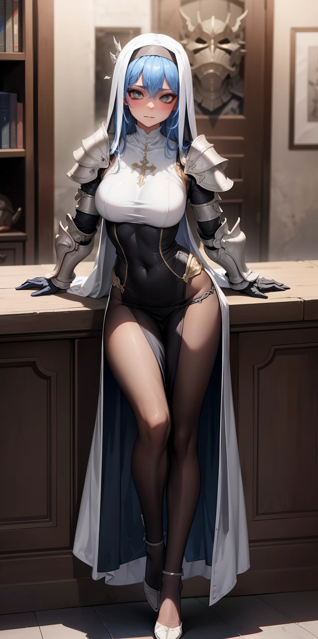 lewd nun,Wearing an iron mask and armor,(cabellos largos dorados),Wearing an iron mask and armor,Metal heels,Long face,Long face,Long face shape