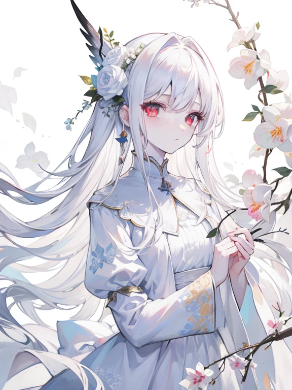 pale skin, white hair, white flower, There are flowers on the head, Double tail, , alone,{{best quality}}, {{masterpiece}}, {{Super detailed}}, {illustration}, {detail light}, red eyes,long hair,