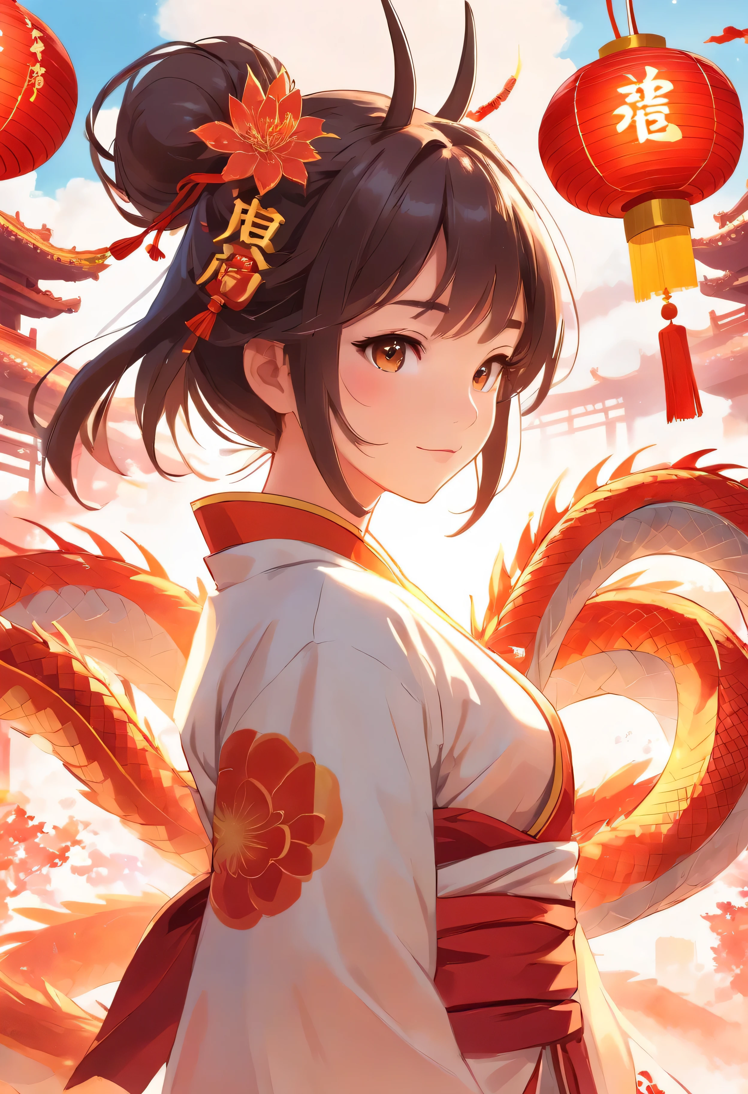 a beautiful girl in chinese clothing, celebrating chinese new year, with dragon horns on head, white background