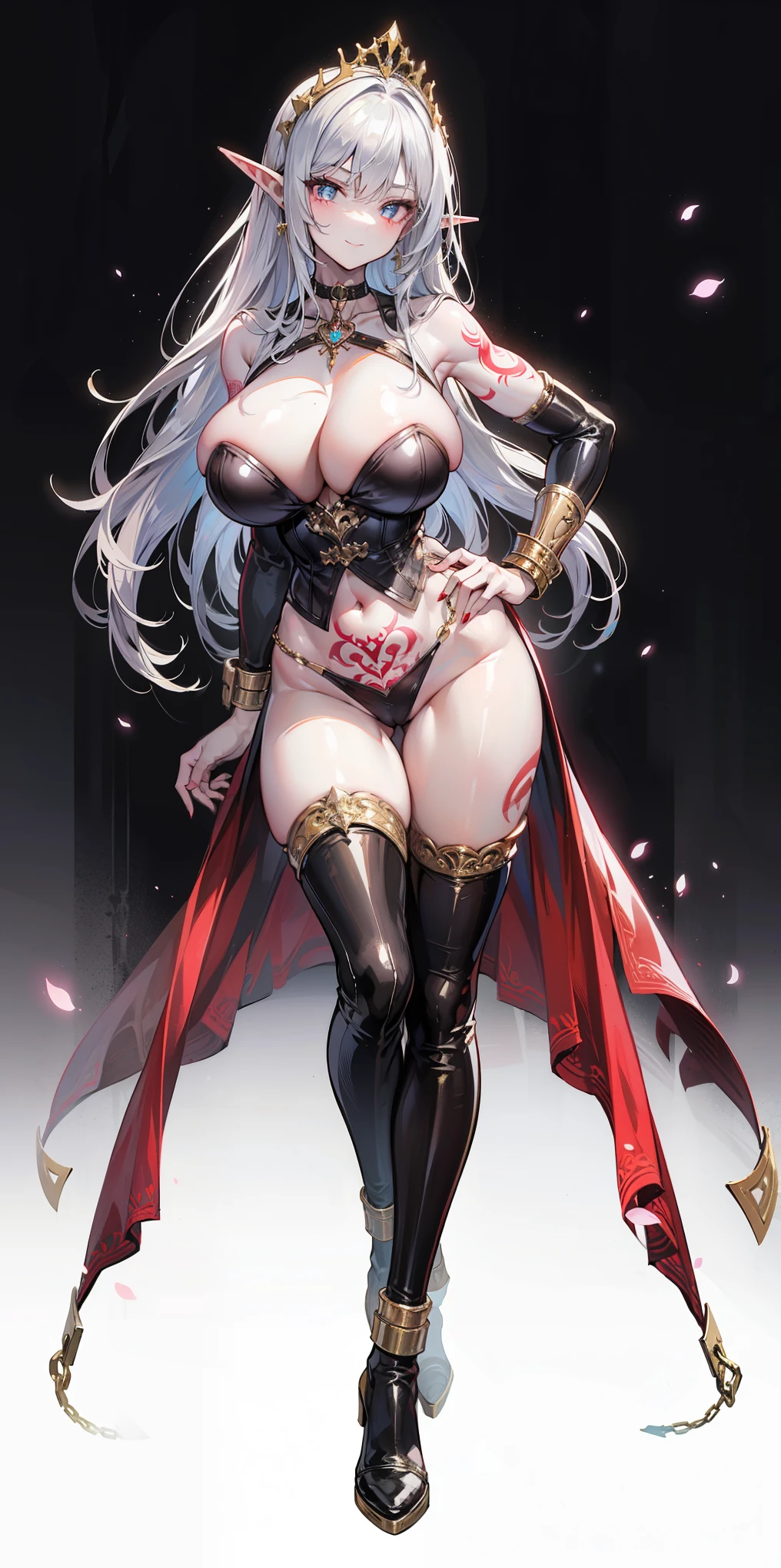 Dark elf girl, muscular body, long legs, silver meesy hair, big ears, high boots, corset, latex clothing, perfect contours, SFW1girl, (standing full body1.1), (full body:1.3), (huge breasts:1.2), (detailed pupils:1.1), abs, big knockers, golden chain collar, black choker, (golden bracers on wrists, golden shackles on legs), stomach tattoo (red tattoo) smirking lustful smile, looking to the camera, standing straight symmetrical, hands on hips, golden tiara,