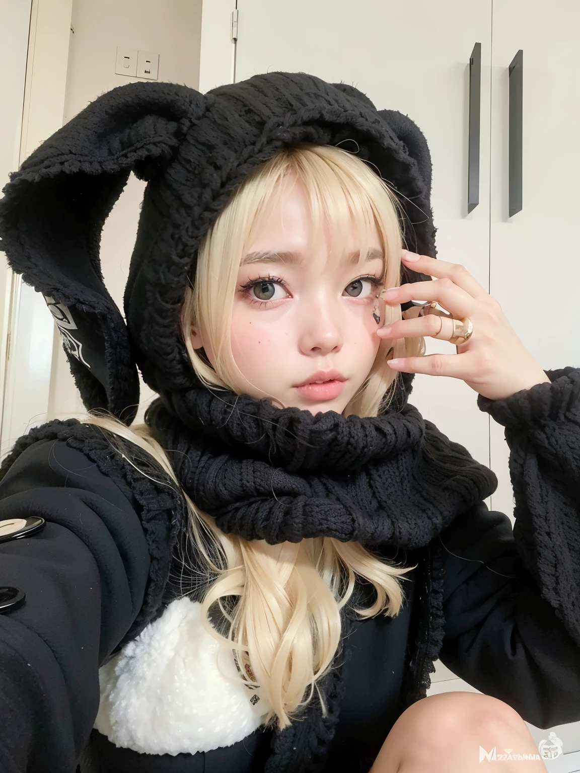 blonde woman wearing a black cat costume and a black scarf, with long drooping rabbit ears, Ulzzang, Lalisa Manobal, Lalisa Manoban do Blackpink, vestindo um capuz com orelhas pontudas, Bela Delfina, cute smol cat wearing smol hat, wearing fluffy black scarf,  com orelhas de gato, sakimichan, Kemonomimi