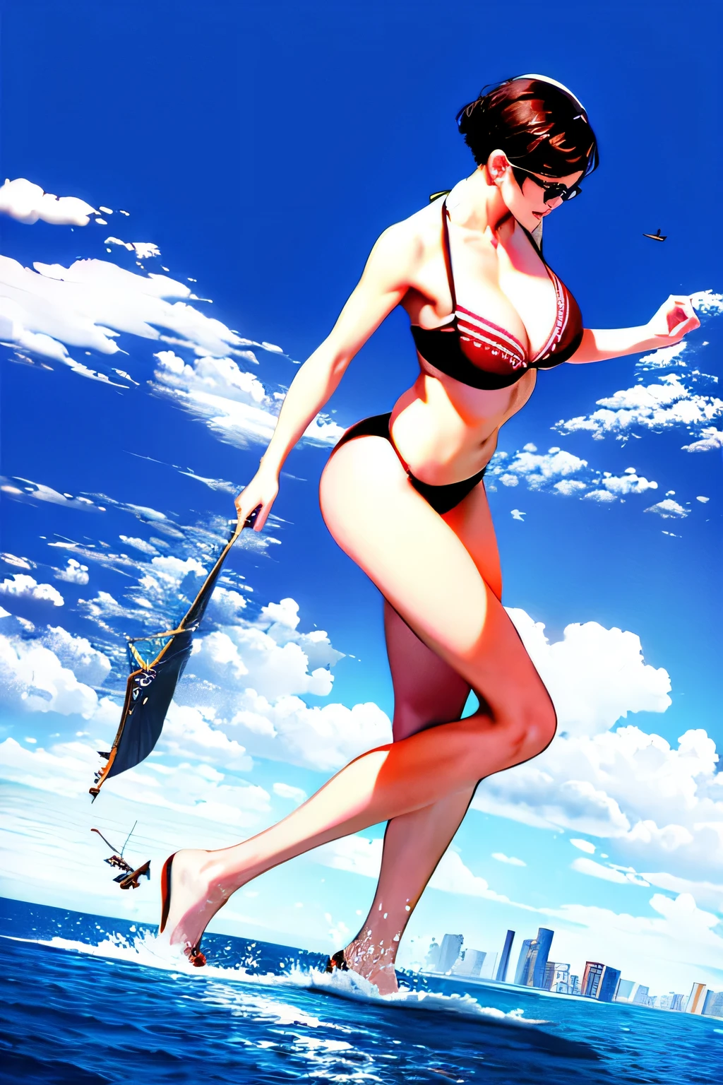 Giant娘 art, 非常に詳細なGiantショット, Giant, short hair, Giant woman bigger than a skyscraper, wearing rimless glasses, big breasts, big ass, bikini swimwear, Play with micro aircraft carriers and battleships in the land of dwarfs., full body description, ＧＴＳ, giga Giant娘, Giant娘, crashed warship, small warship, micro warship, High resolution, highest quality, masterpiece, 