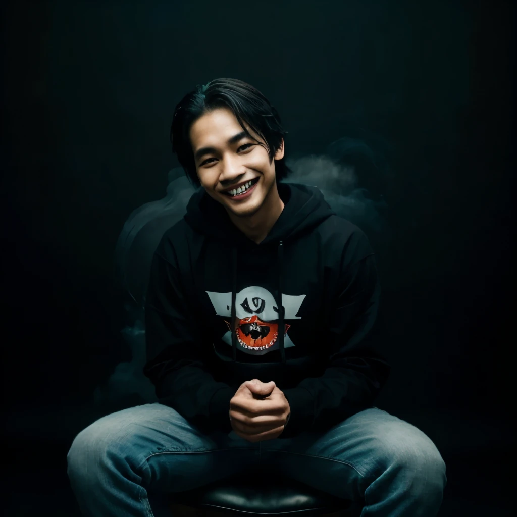 realistic potograpy a young man indonesian face wearing a black hoodie that says "September".sitting on a chair holding an ace full body focus, behind there is a monster like a joker smiling bigger than a human, black color, bright blue, black field background thick white smoke light, realistic, very detailed, best quality,