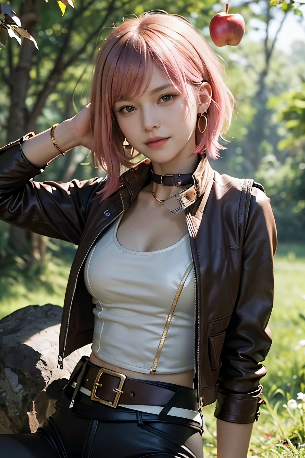 (8K, top-quality, masterpiece:1,2), (reallistic, Photorealsitic:1.37), Super Detail, One girl,), (Highly detailed), (beautifully detailed eyes), (of the highest quality), (super detailed ), (masterpiece), (Detailed face),20yr old, ,1 girl, ((pink hair,Very short hair)), medium breasts, clothed, Perfect Lighting, BREAK (brown leather jacket:1.3), (white shirt:1.2), (red vest:1.4), (black leggings:1.2), (slim and sporty silhouette:1.5), (gold belt with golden apple:1.3), (brown boots:1.2), BRAKE bangs on left side, gold earring on right ear, smiling, eyes wide open, mouth slightly open, holding golden apple in front of chest with right hand, left hand on hip, right leg forward, left leg back, in the forest, trees and flowers, clear blue sky, sunlight from top right, light reflecting on face and apple, background slightly dark, (mythical hero:1.3)
