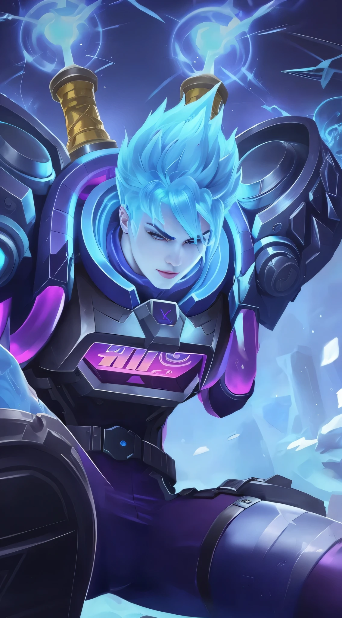 a close up of a person with a blue hair and a blue suit, zarya, sigma from overwatch, hextech, zarya from overwatch, arcane jinx, this character has cryokinesis, arcane jayce, freezing blue skin, league of legends character, echo from overwatch, kda, sigma female, wild rift, official splash art