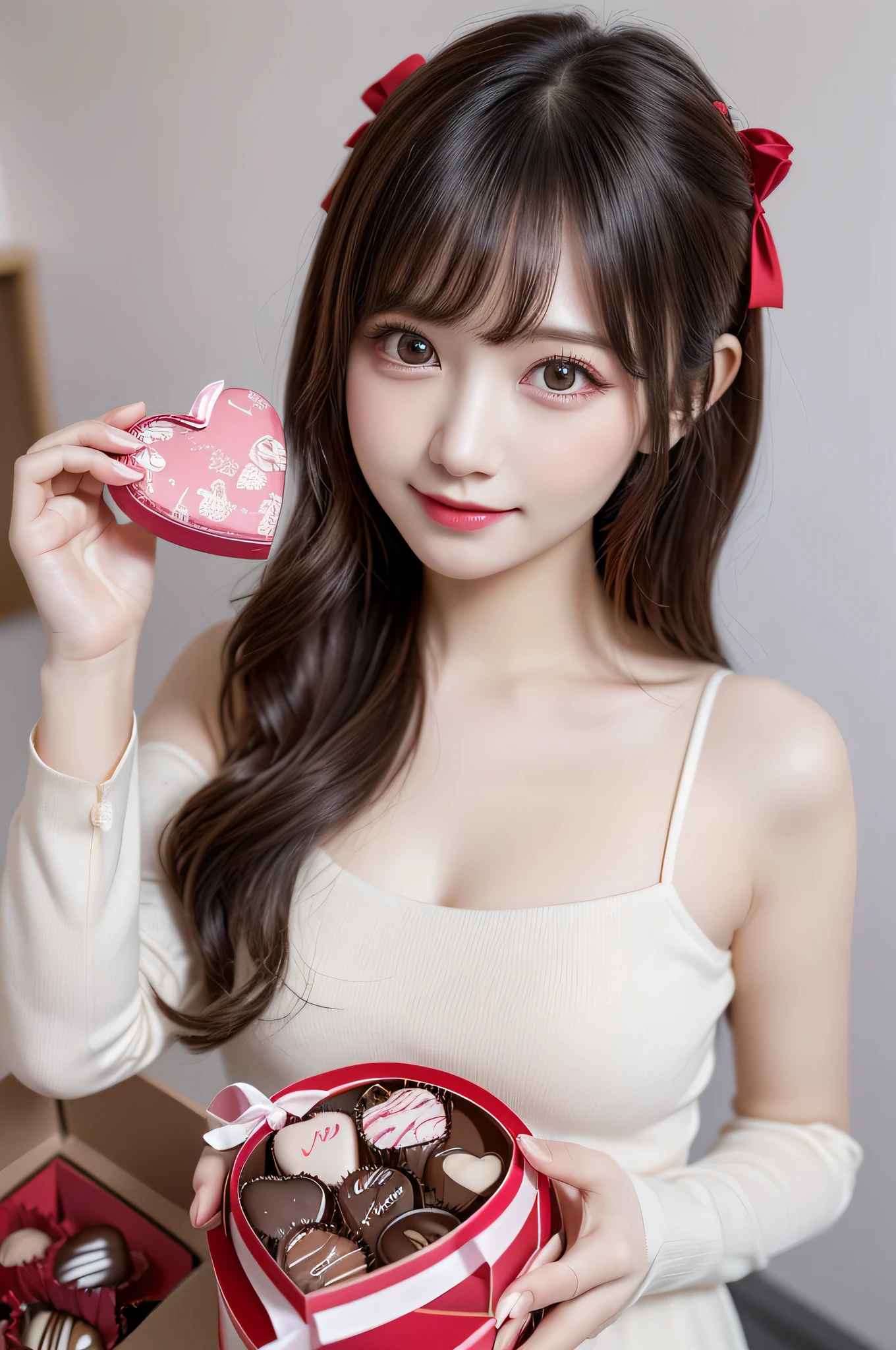 1 girl, (big round eyes:1.15), (Highly detailed beautiful face), smile shyly, (highest quality:1.4), 8k wallpaper that integrates high-definition CG, RAW photo, professional photos, cinematic lighting, flower hair ornament, ribbon, (valentine's day, valentine gift, Chocolates in a cute box:1.3), Depth of bounds written