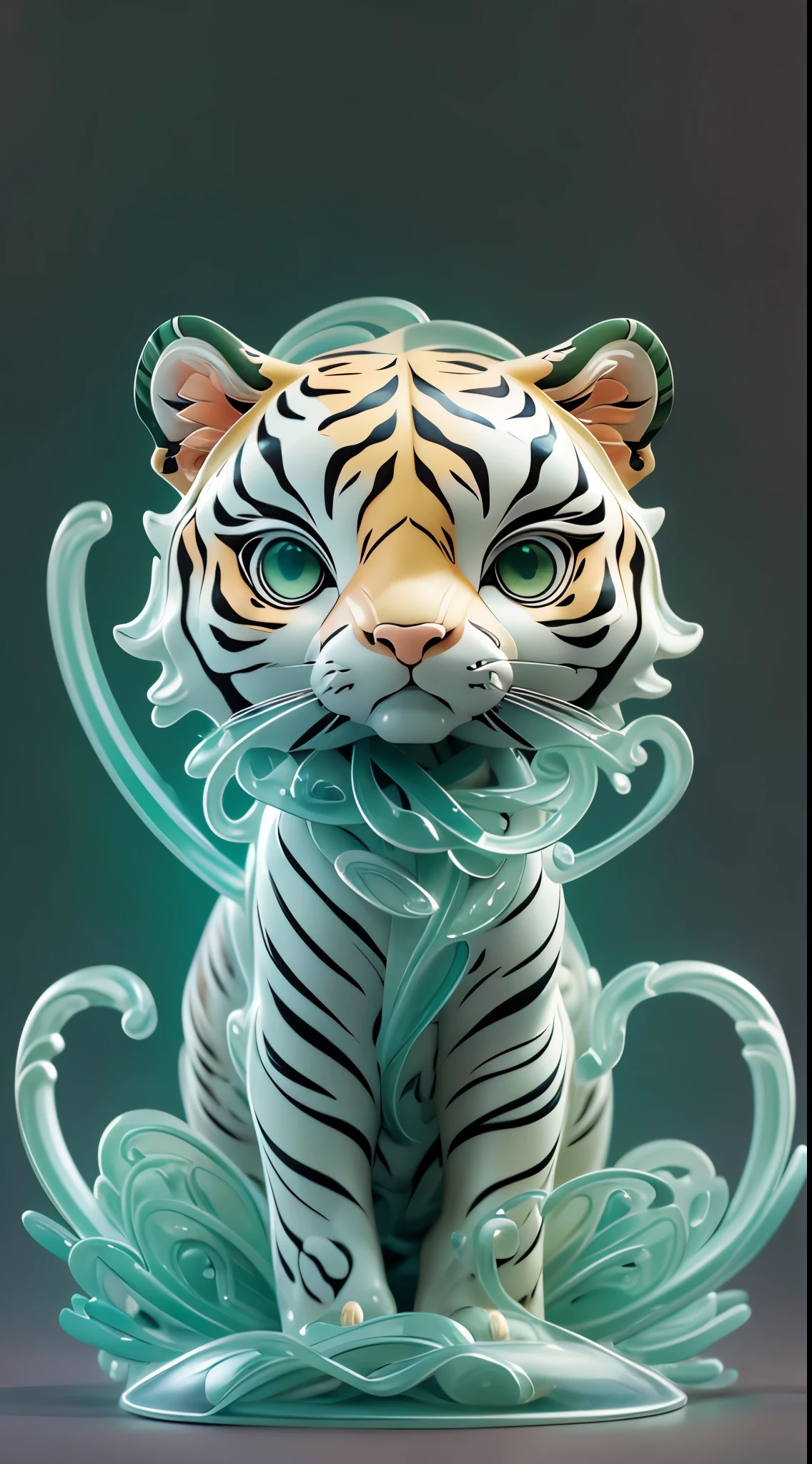 The shape of a tiger,The background is clean,Dreamy colors,Transparent statue,florals,Big eyes,green color,Serious expressions,((tiger)),Clear eyes,tmasterpiece,(best qualtiy:1.3),A tiger,full body